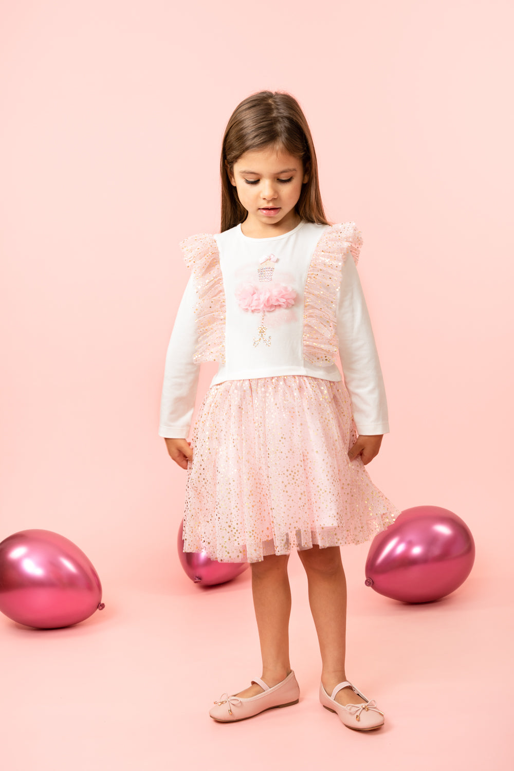 Pink Glittery Dress with Floral 3D Embellishments (5-9 years)