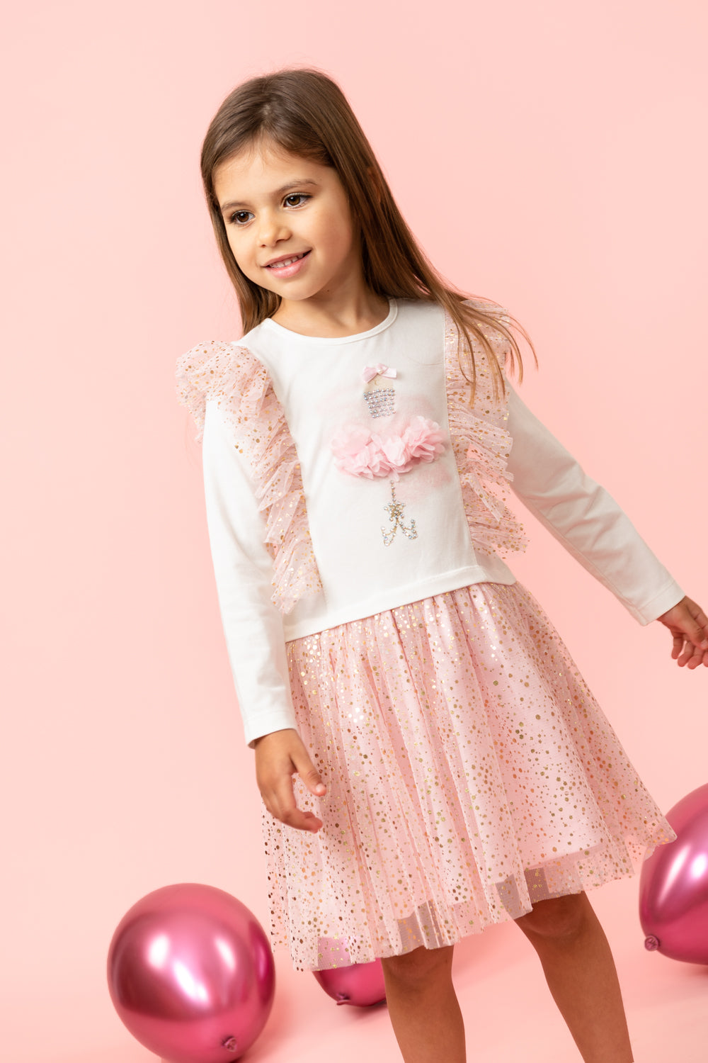 Pink Glittery Dress with Floral 3D Embellishments (5-9 years)