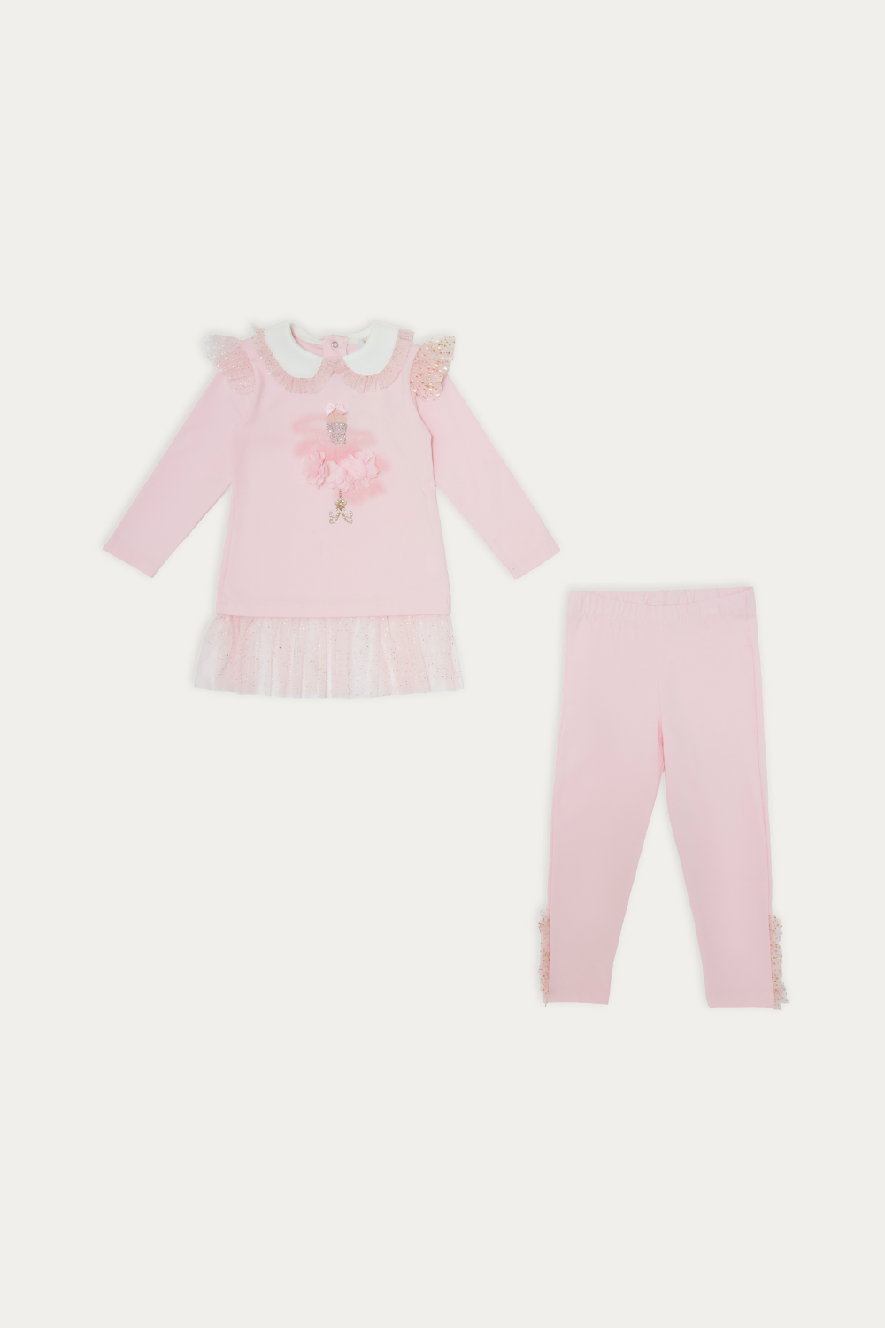 Pink Glittery Leggings Set with 3D Floral Details (12months-3 years)