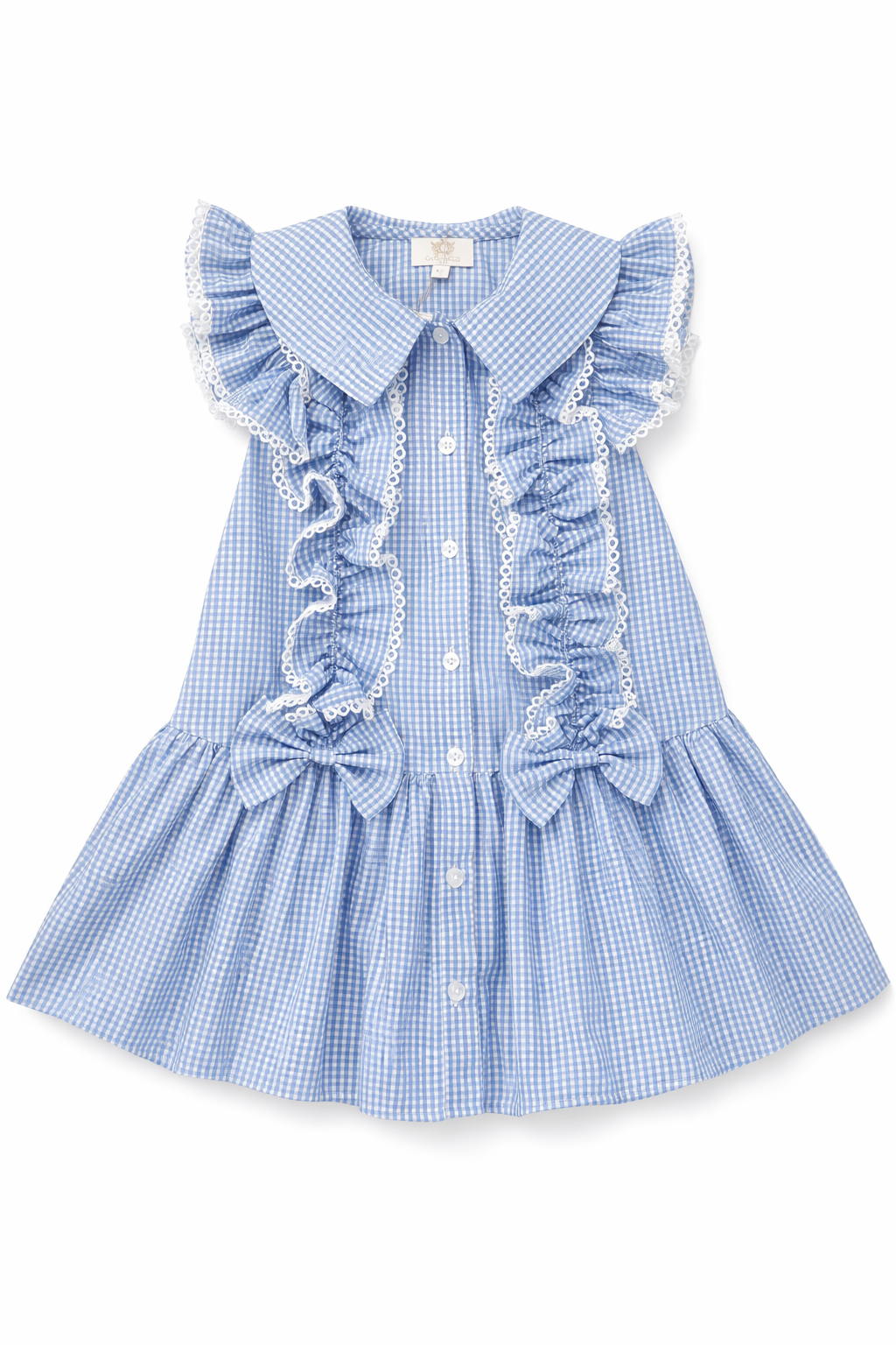Blue Gingham Ruffle Summer School Dress with Bows