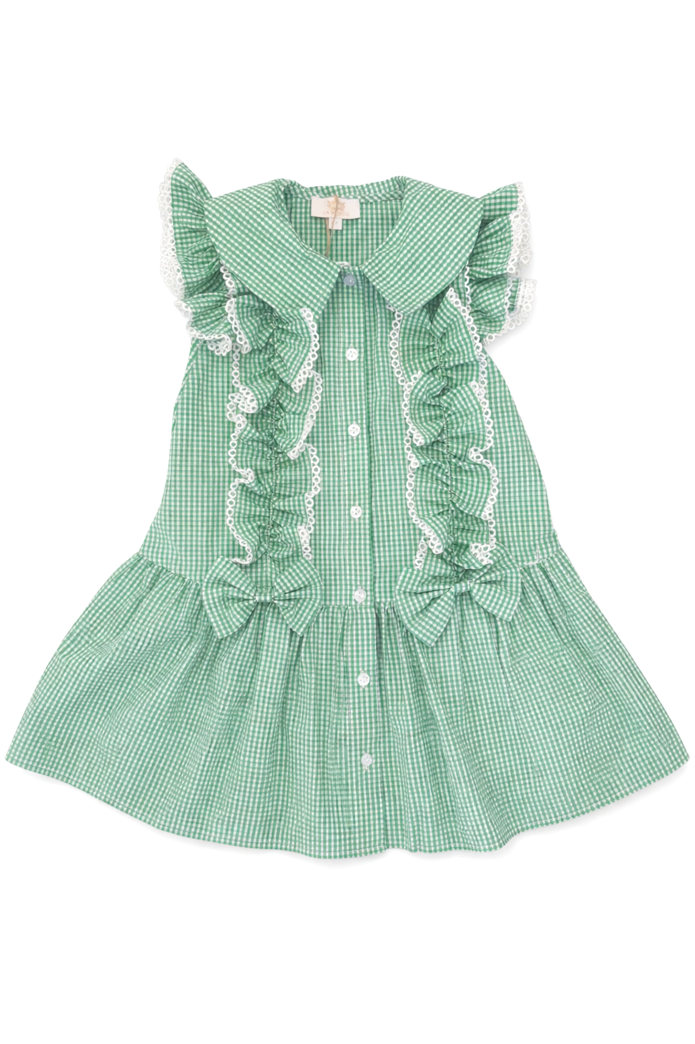 Green Gingham Ruffle Summer School Dress with Bows