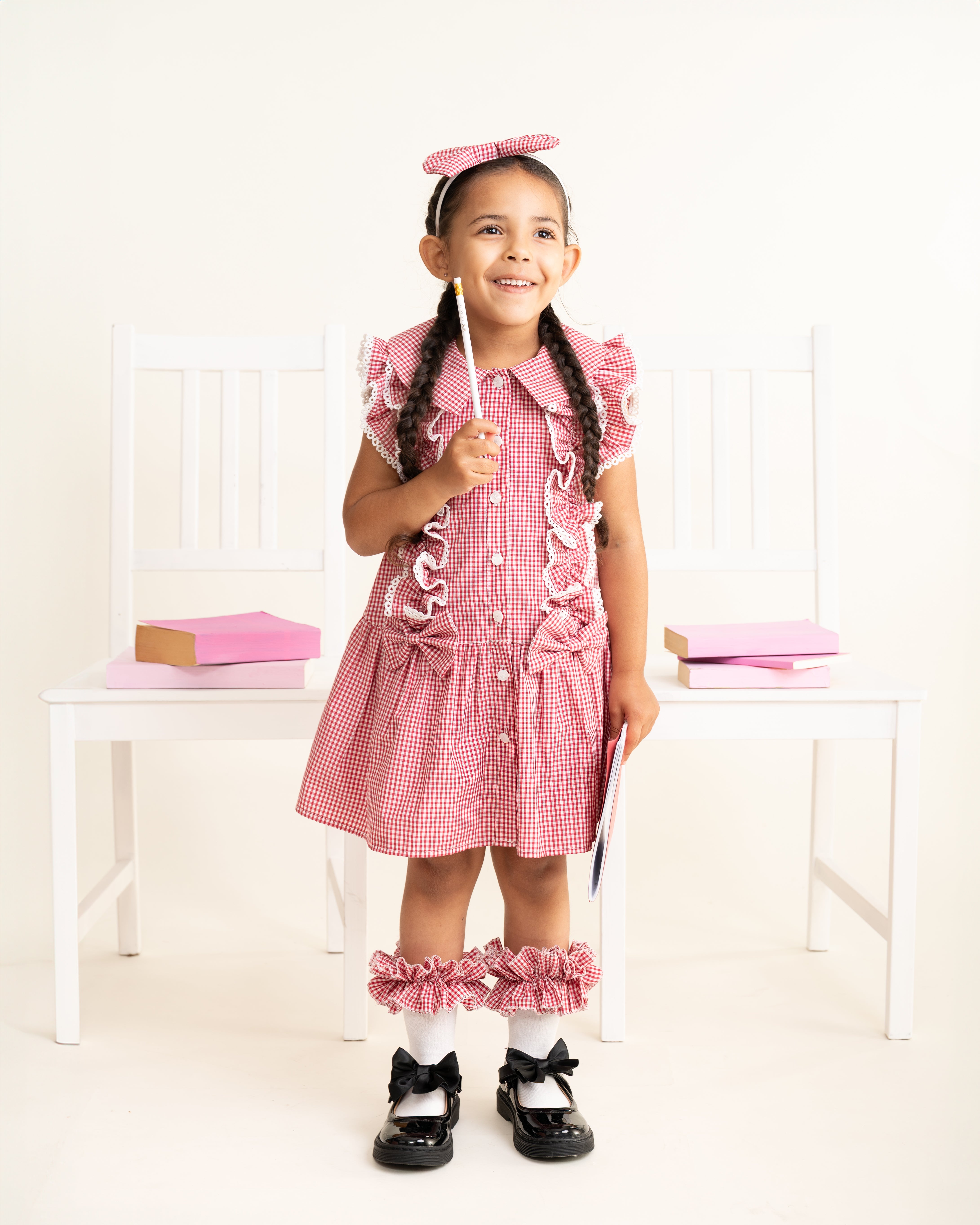 Red Gingham Ruffle Summer School Dress with Bows