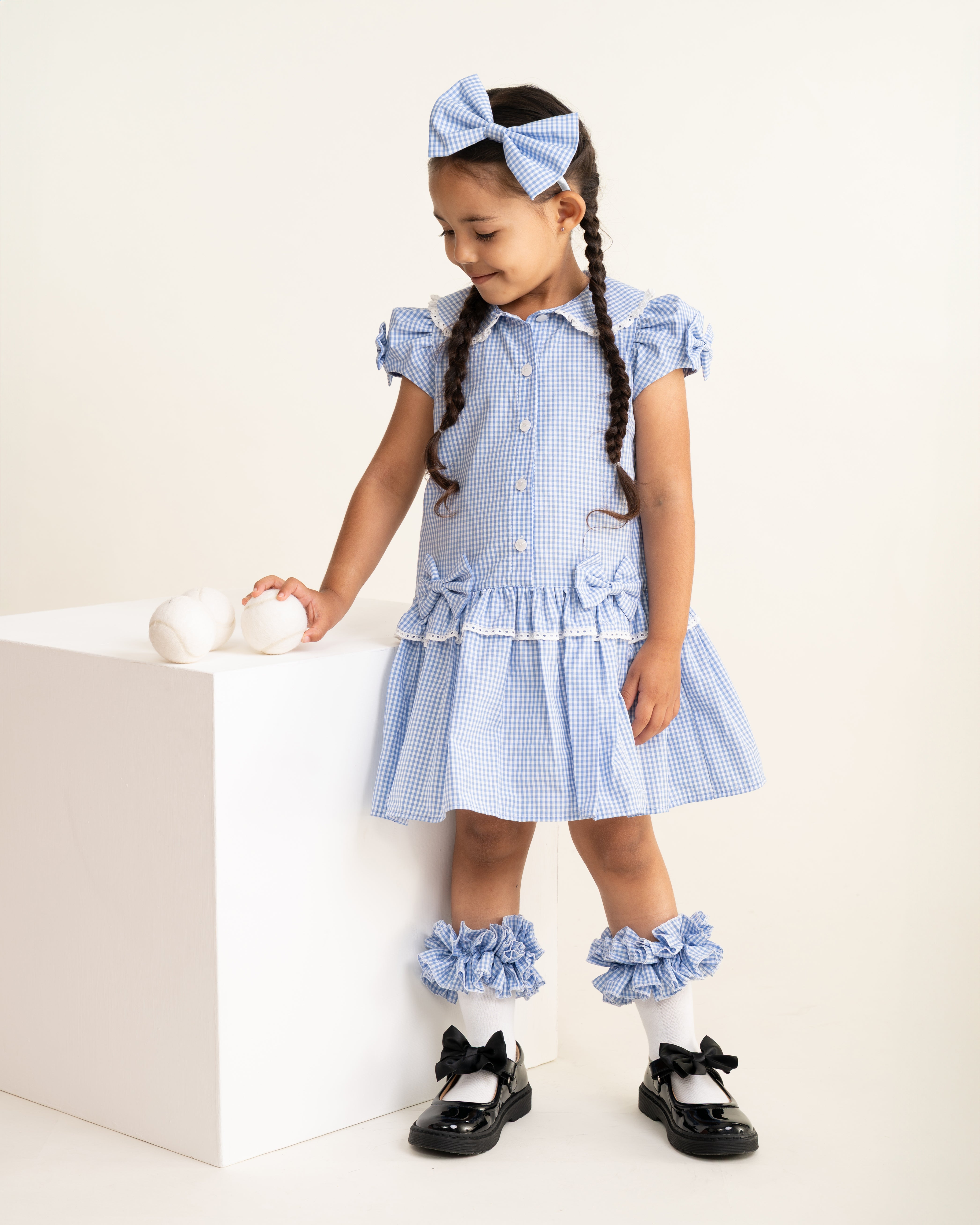 Blue Gingham Double Bow Dropped Waist School Dress