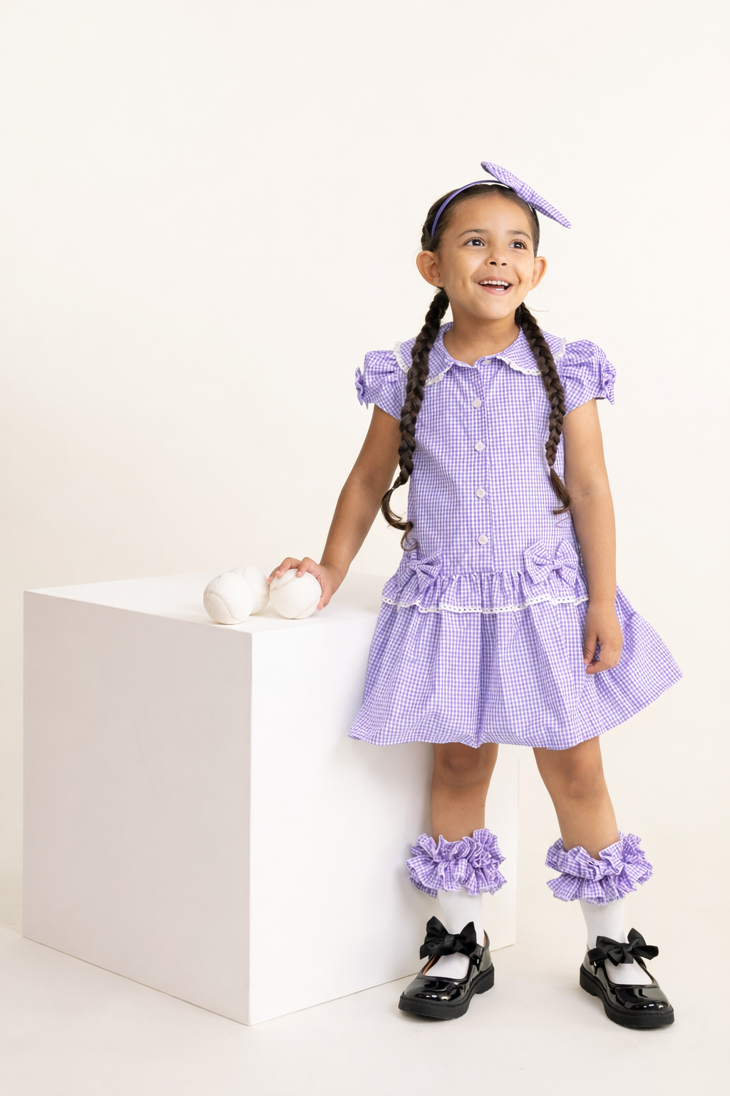 Purple Gingham Double Bow Dropped Waist School Dress