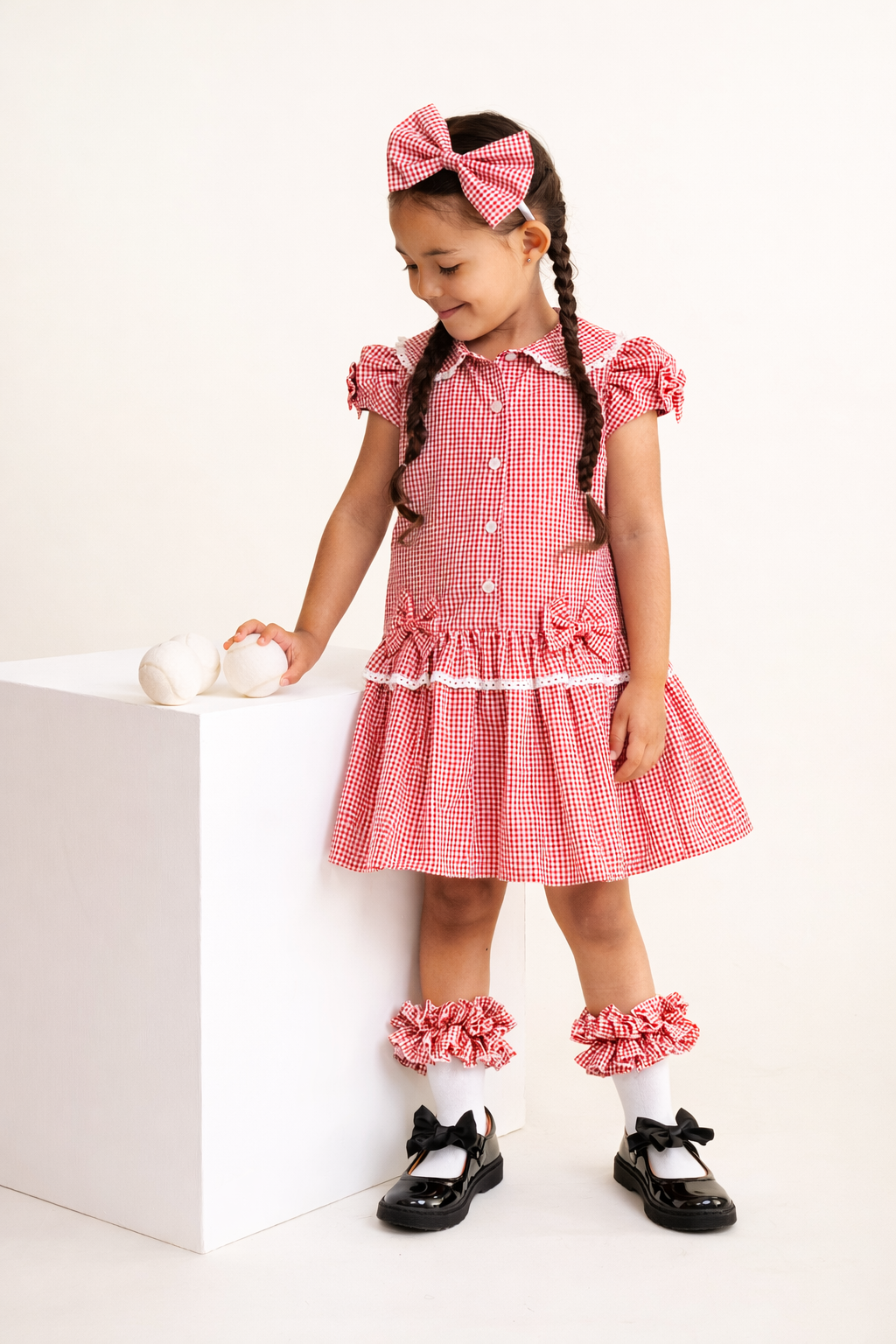 Red Gingham Double Bow Dropped Waist School Dress