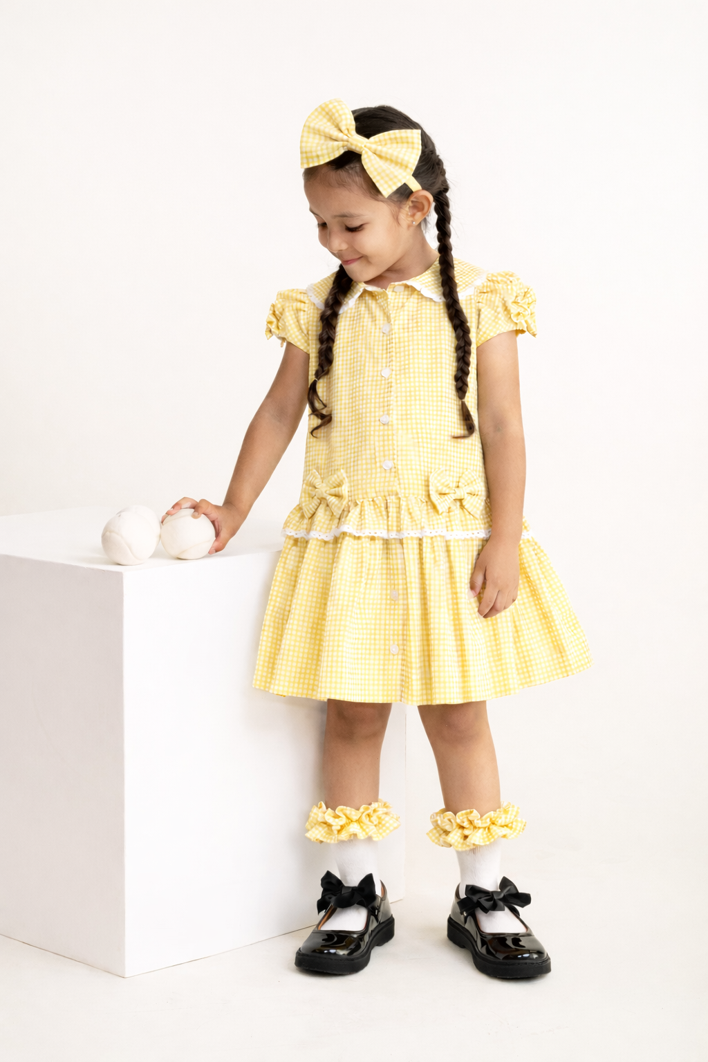 Yellow Gingham Ruffle Ankle Socks