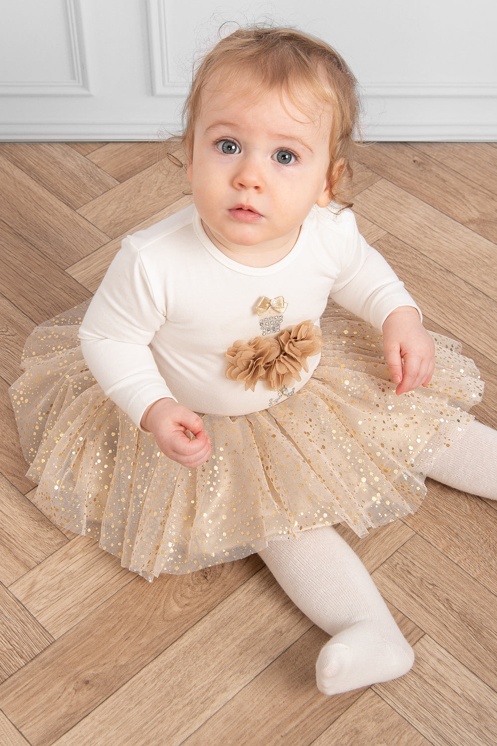 Mink Glittery Skirt and Bodysuit Set with Floral 3D Embellishments (0-18 months)