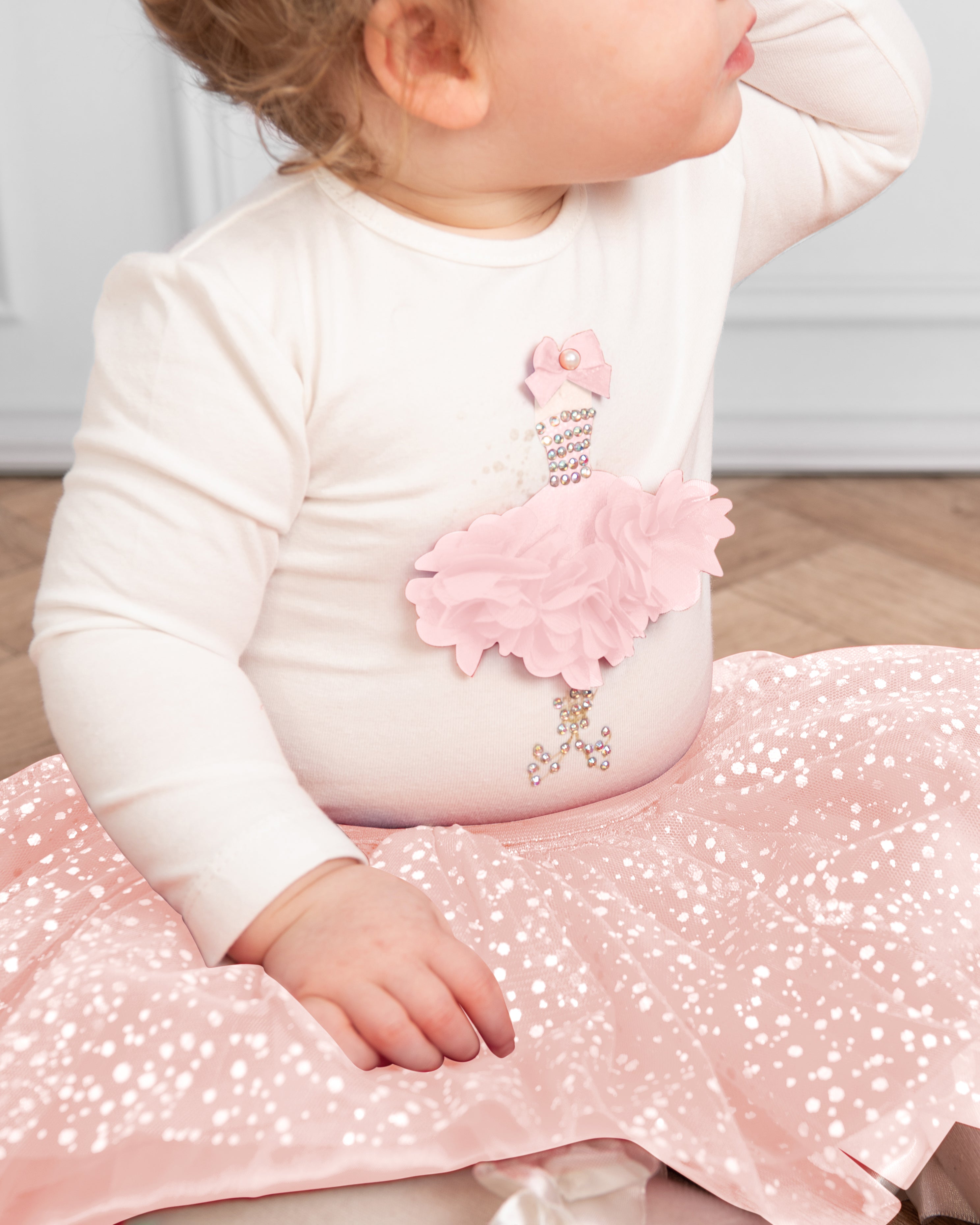 Pink Glittery Skirt and Bodysuit Set with Floral 3D Embellishments (0-18 months)