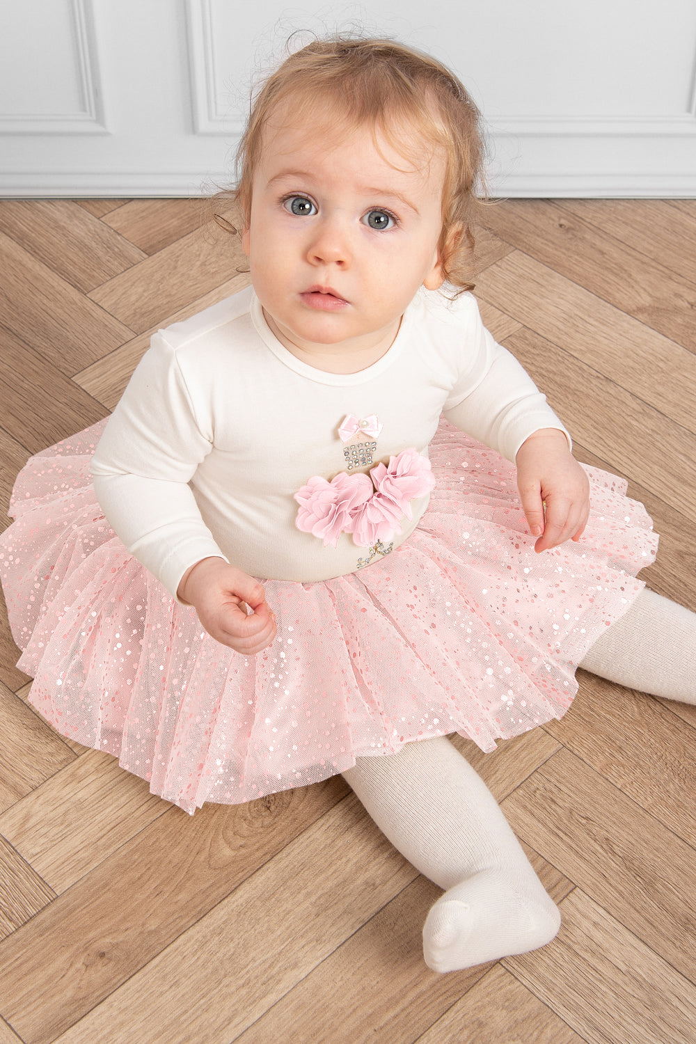 Pink Glittery Skirt and Bodysuit Set with Floral 3D Embellishments (0-18 months)
