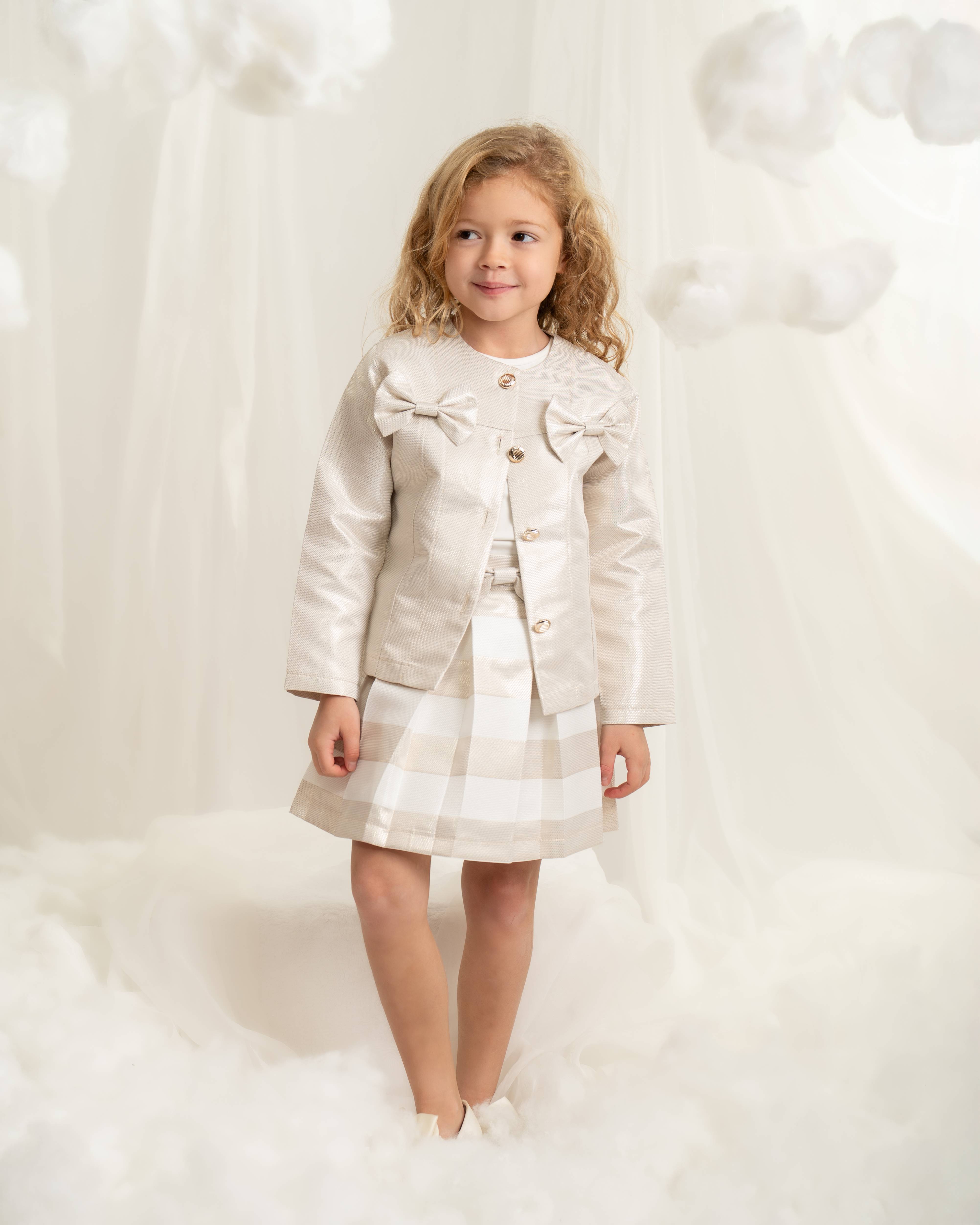 Three Piece Bow Jacket, Jersey Top and Skirt Set