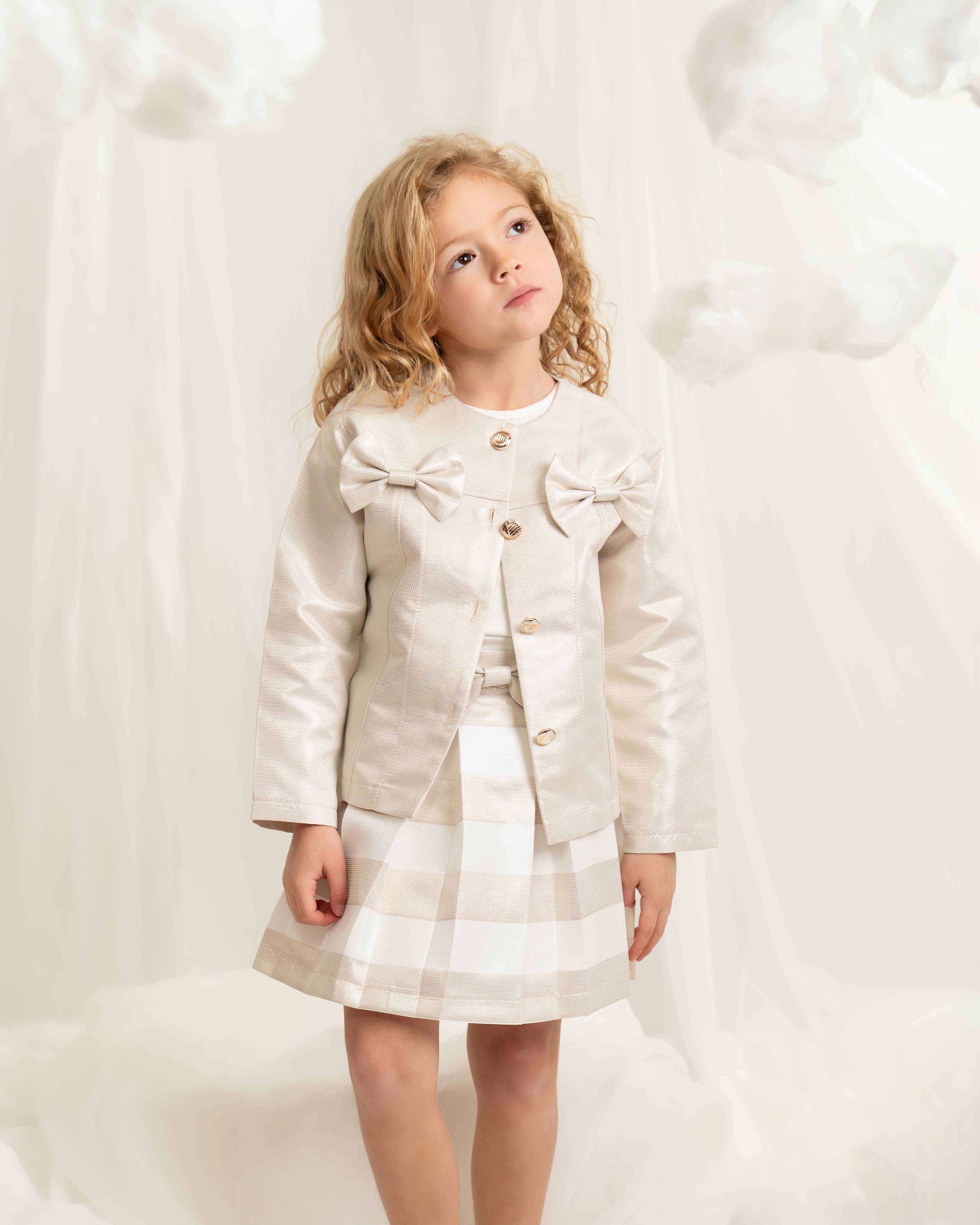 Three Piece Bow Jacket, Jersey Top and Skirt Set