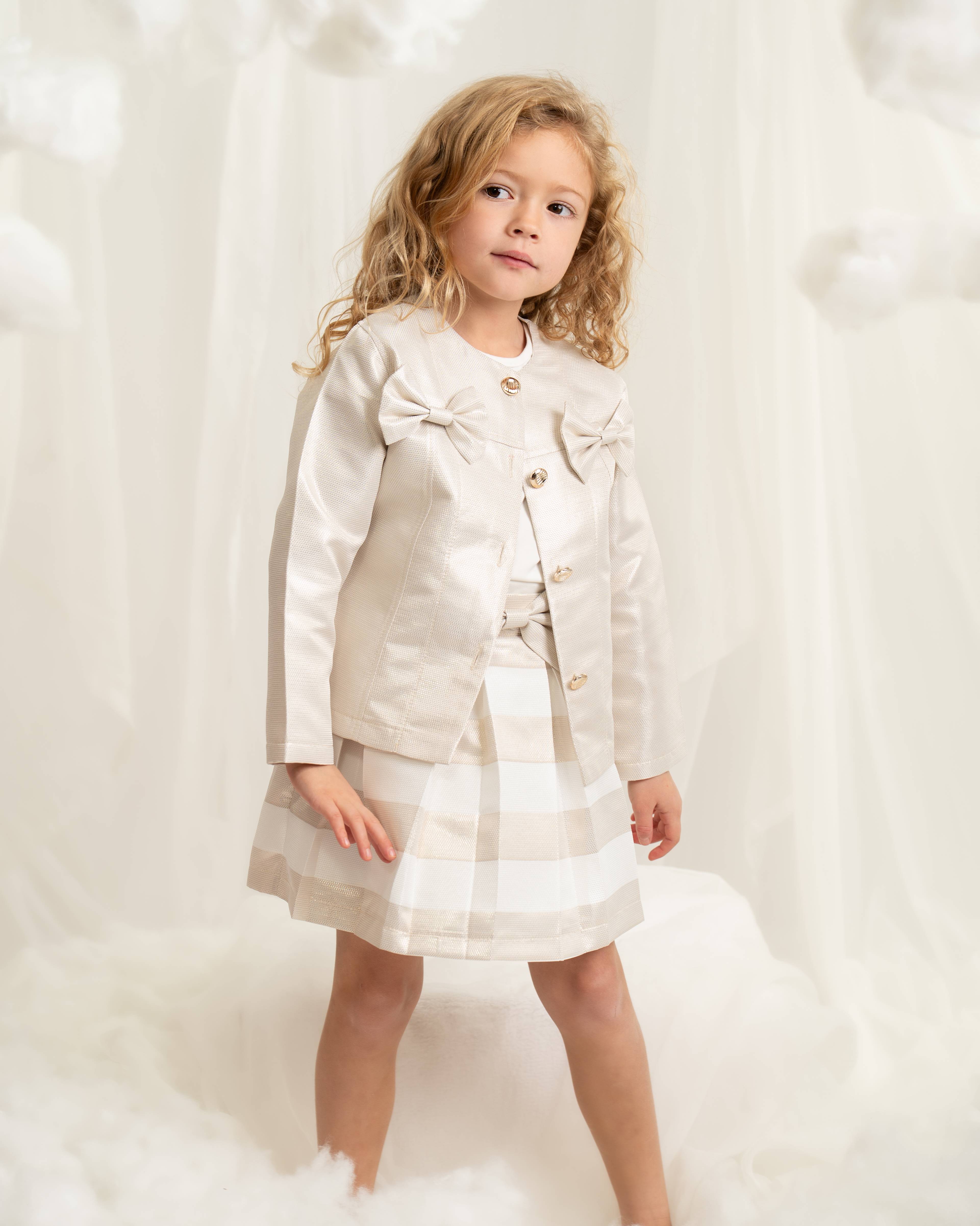 Three Piece Bow Jacket, Jersey Top and Skirt Set