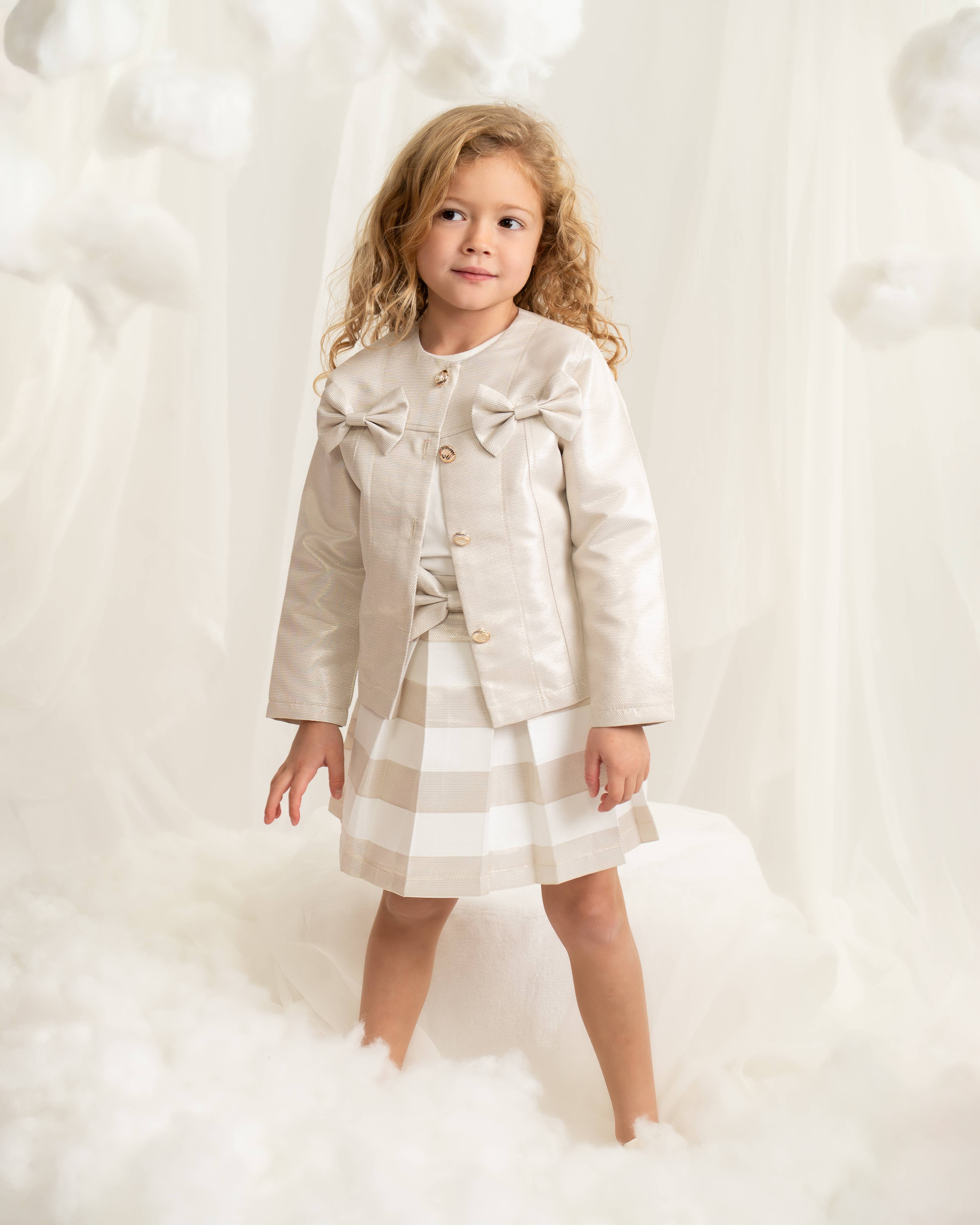 Three Piece Bow Jacket, Jersey Top and Skirt Set