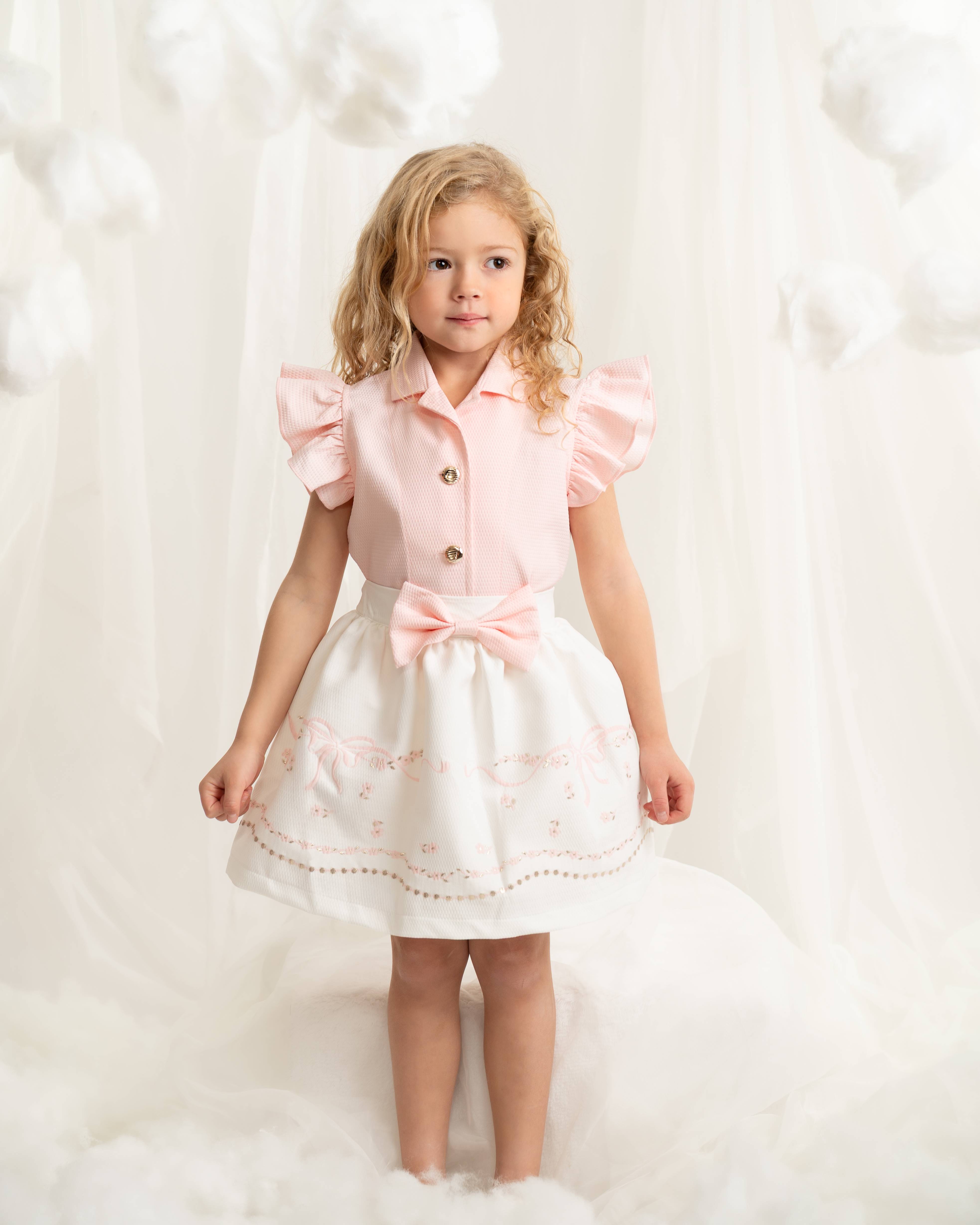 Pink Ruffle Top and Bow Detail Skirt Set