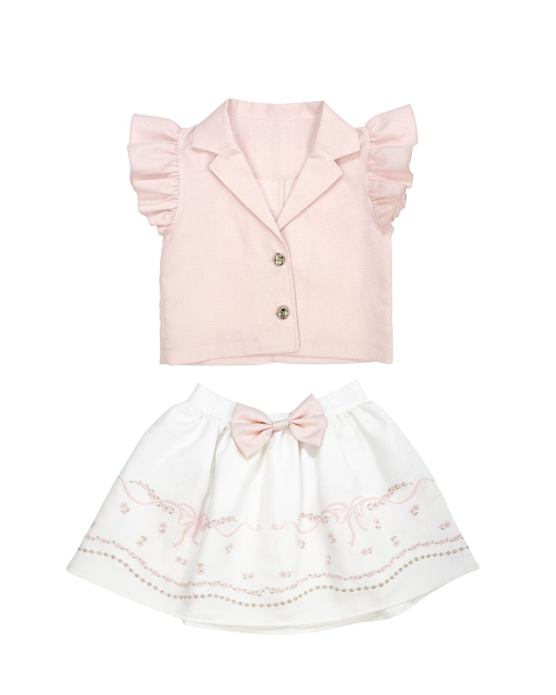 Pink Ruffle Top and Bow Detail Skirt Set