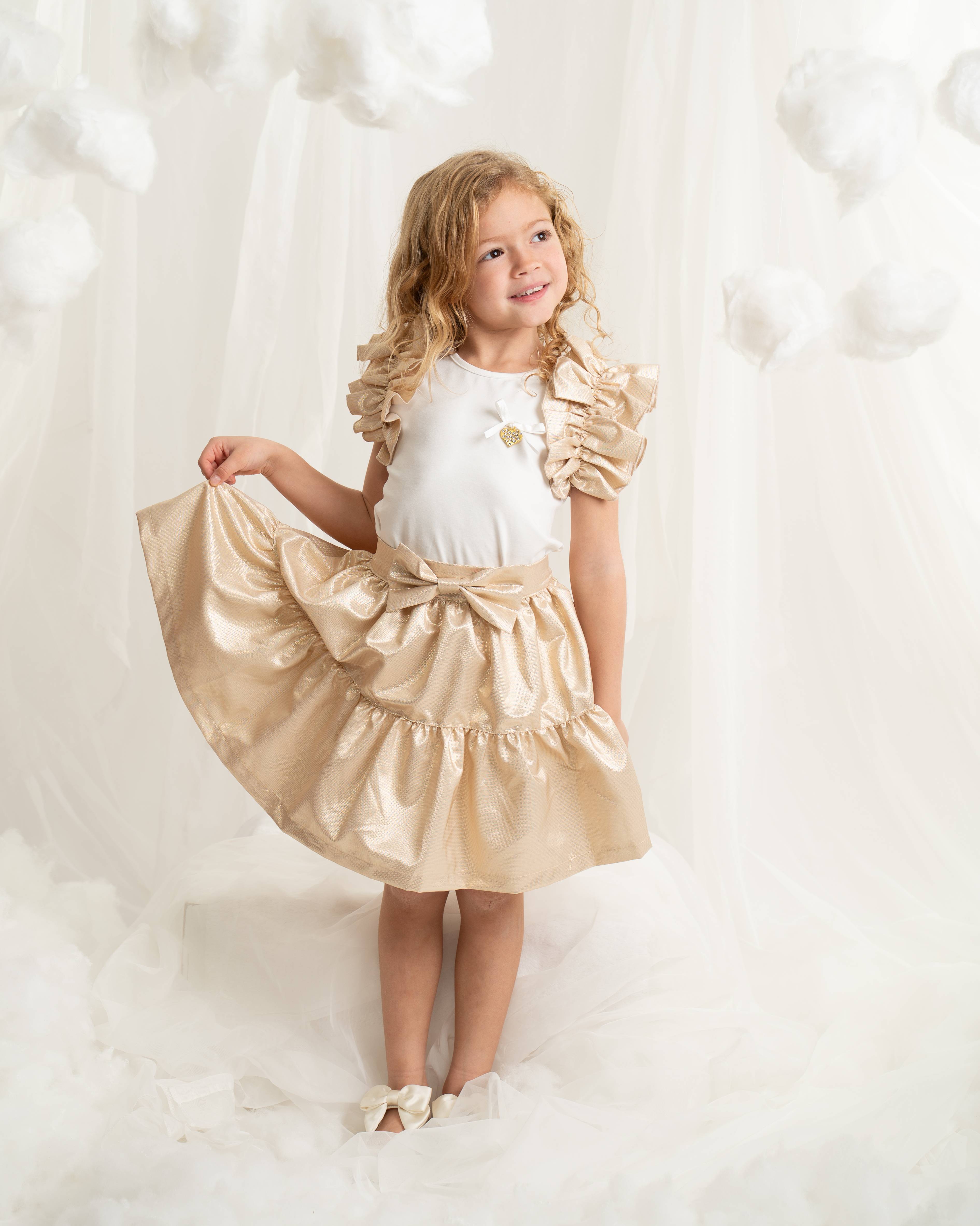 Ivory Top with Gold Ruffle Sleeves and Skirt Set