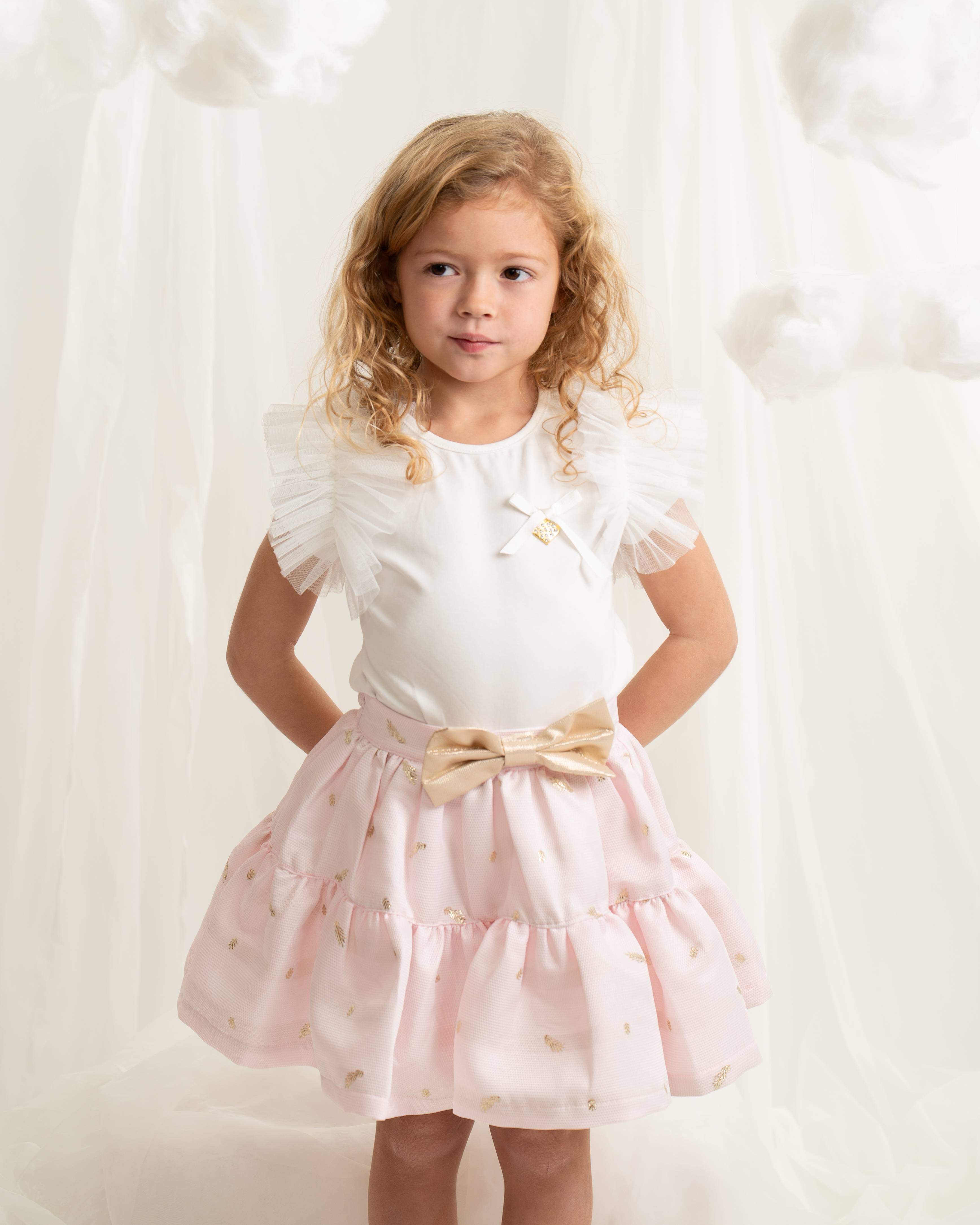 White Ruffle Sleeve Top and Pink Tiered Skirt Set