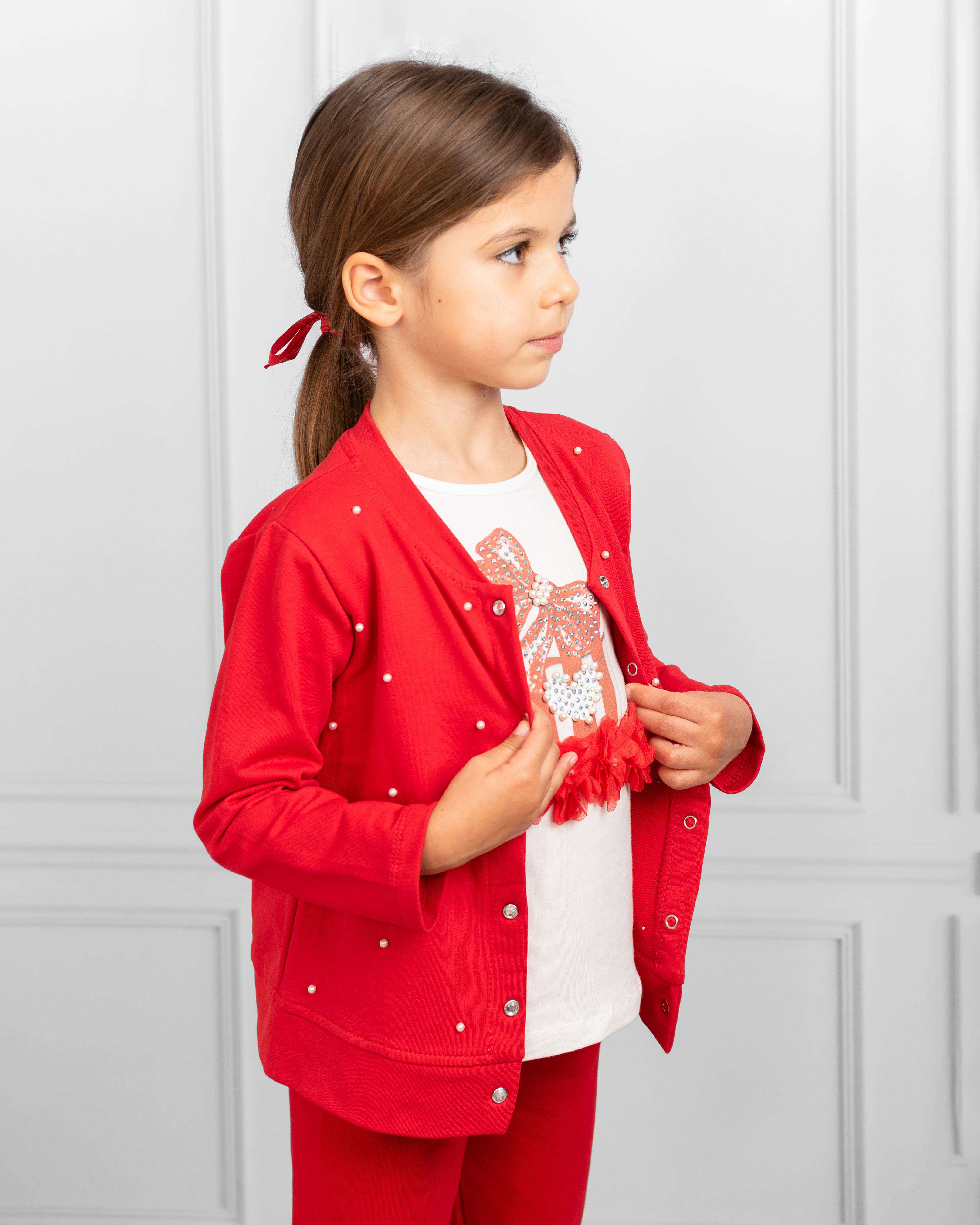 Red Long-Sleeve Pearl Embellished Button-Up Cardigan