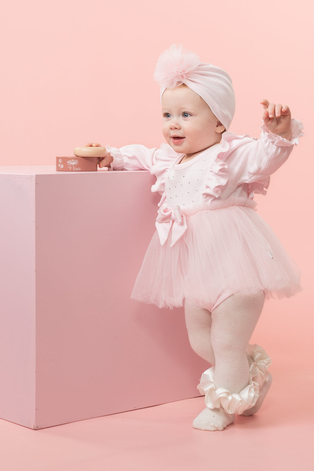 Pink Baby Dress Romper with Frilly Tulle Skirt and Matching Turban