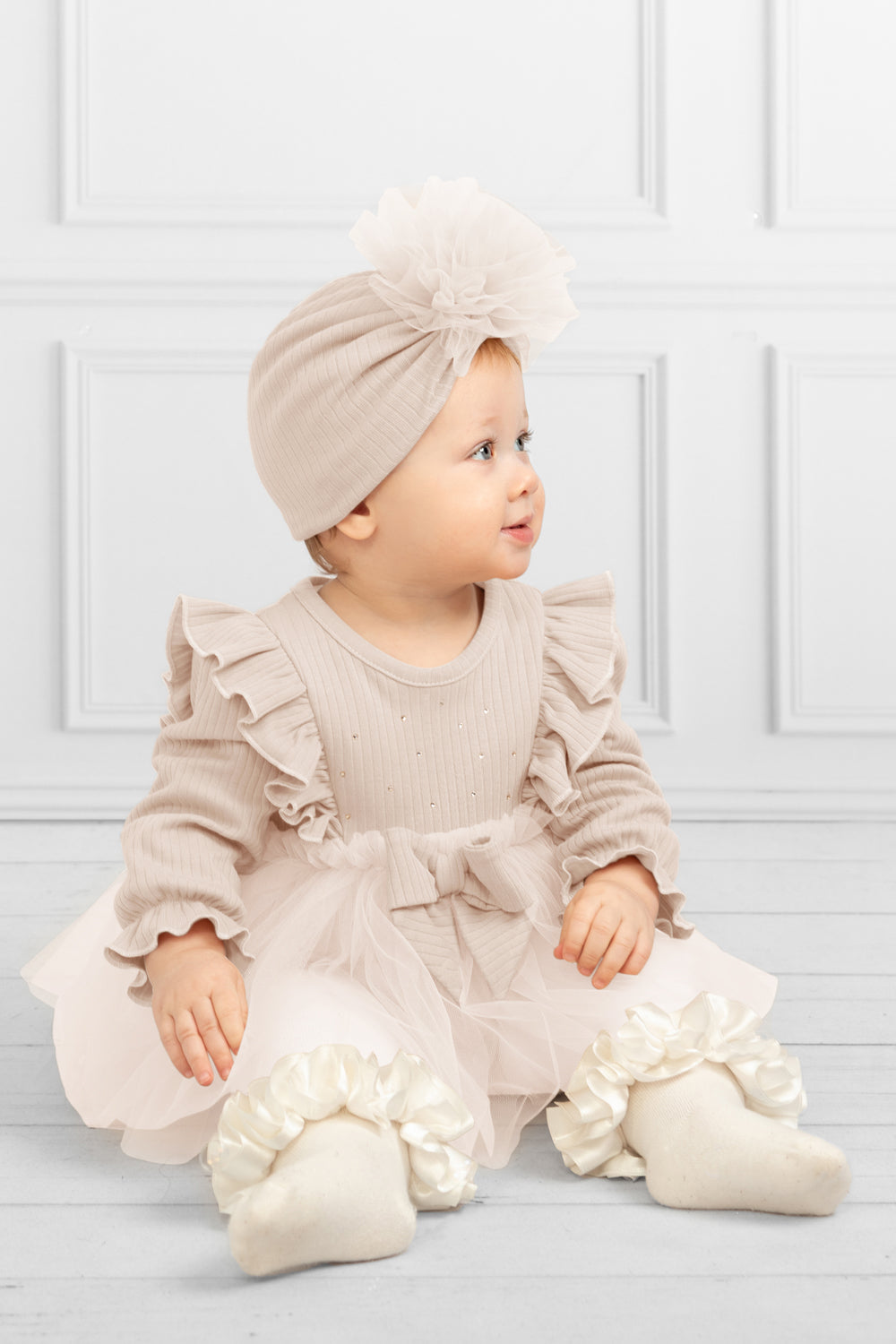Mink Baby Dress Romper with Tulle Skirt and Matching Turban