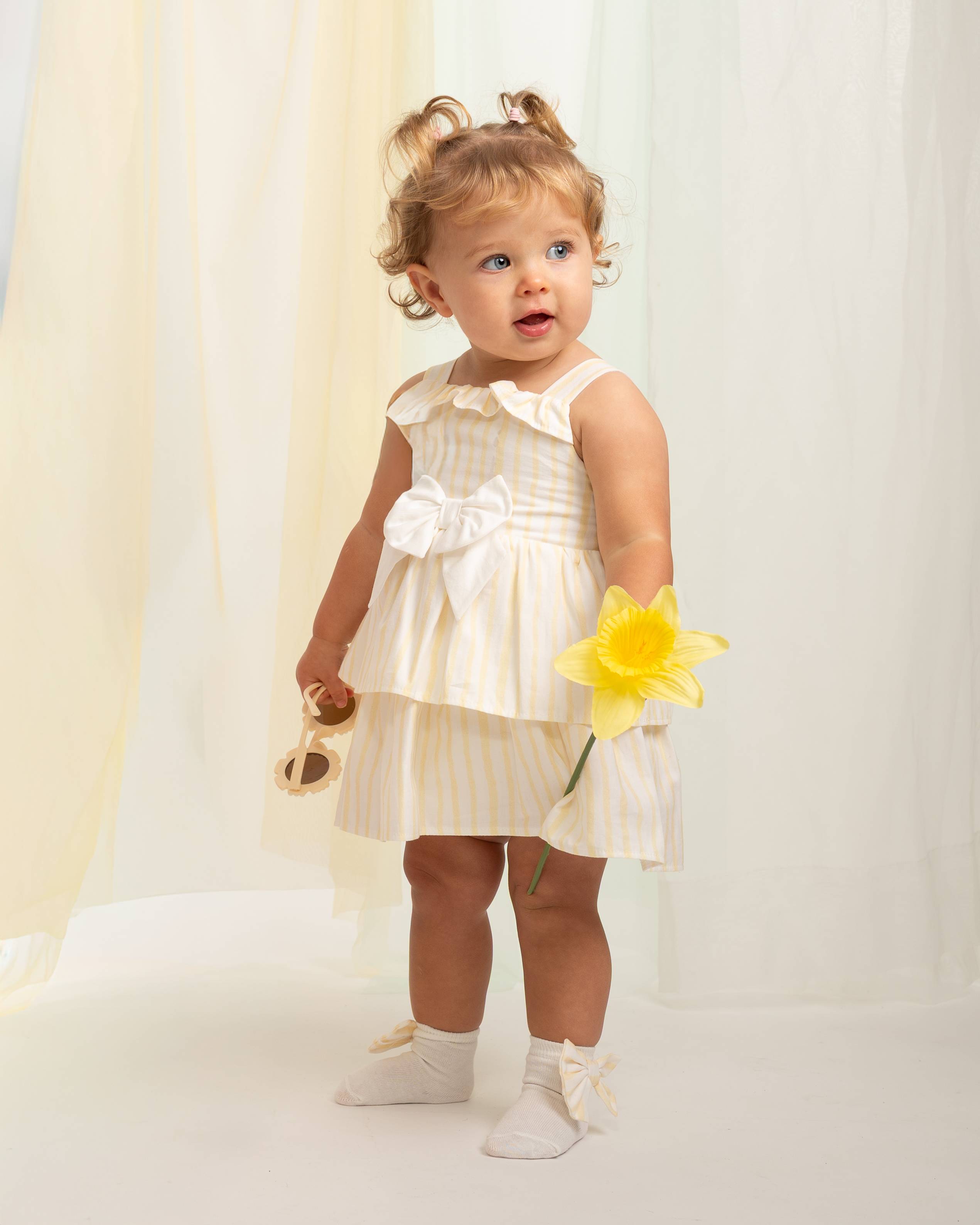 Lemon Stripe Layered Ruffle Dress & Jam Pant Set
