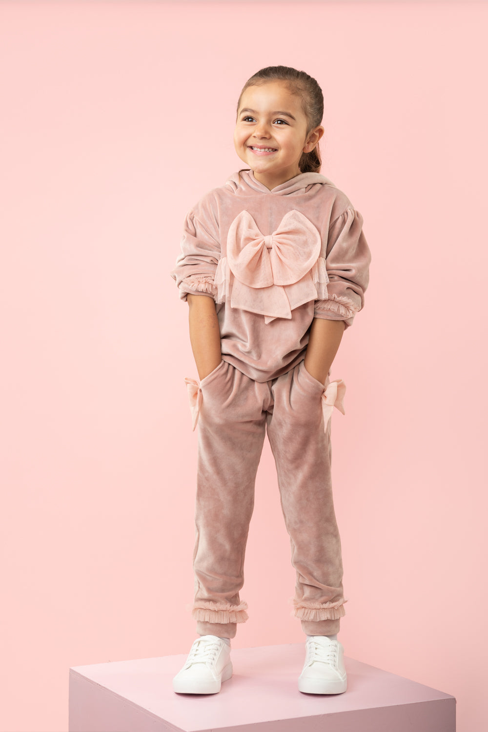Pink Velour Two-Piece Set with Hood and Bow Details