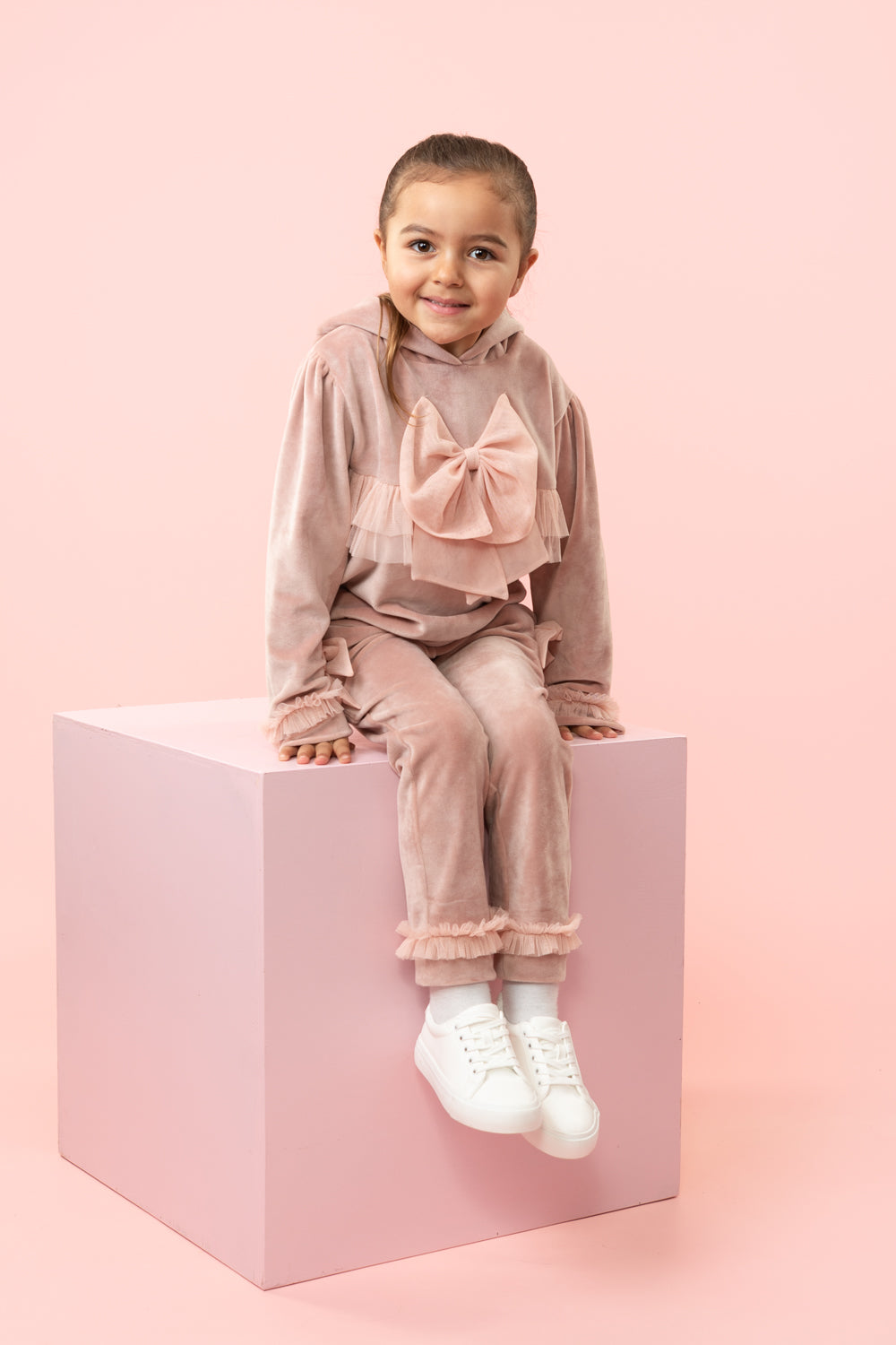Pink Velour Two-Piece Set with Hood and Bow Details