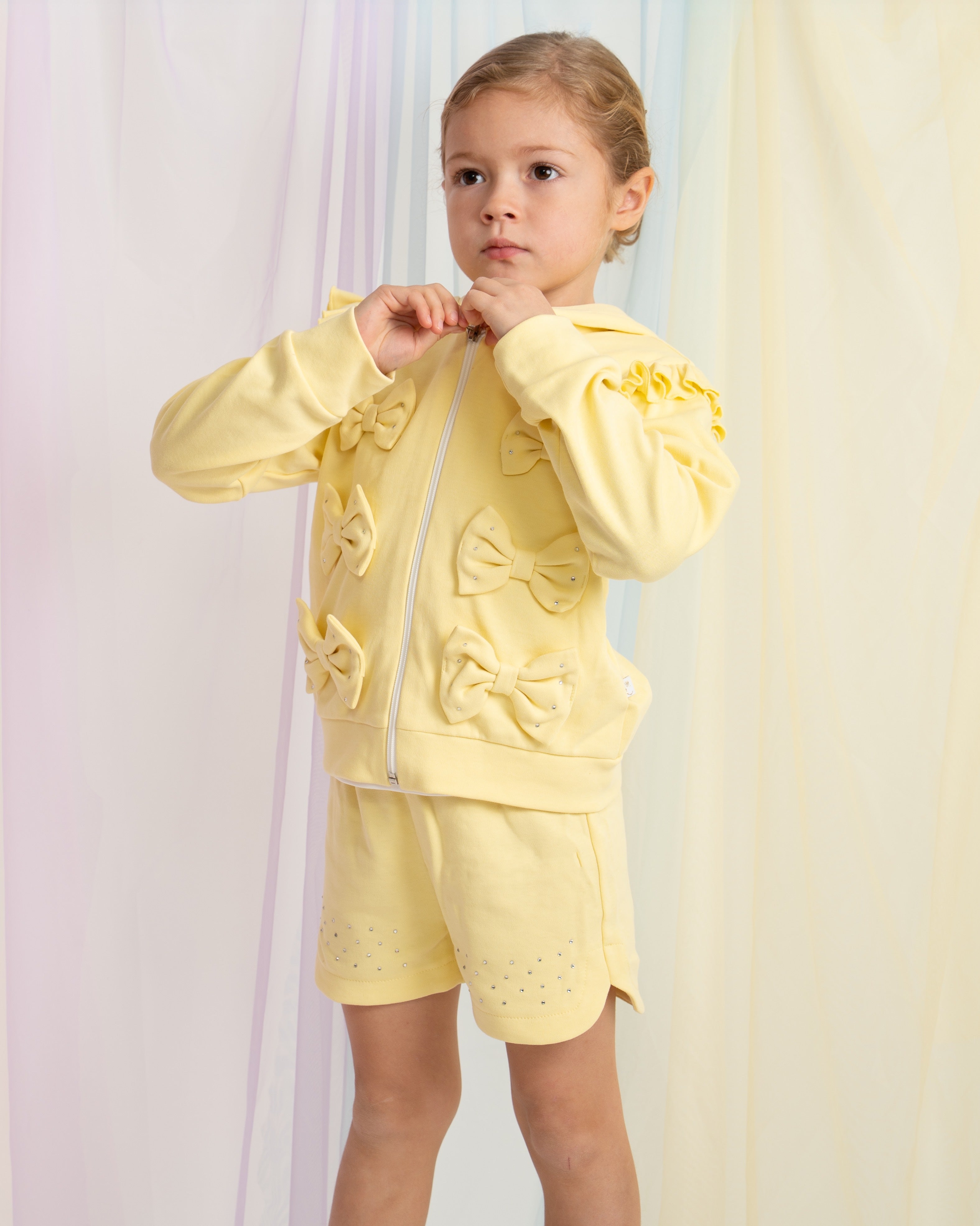 Lemon Jersey Bow Cardigan Three-Piece Set