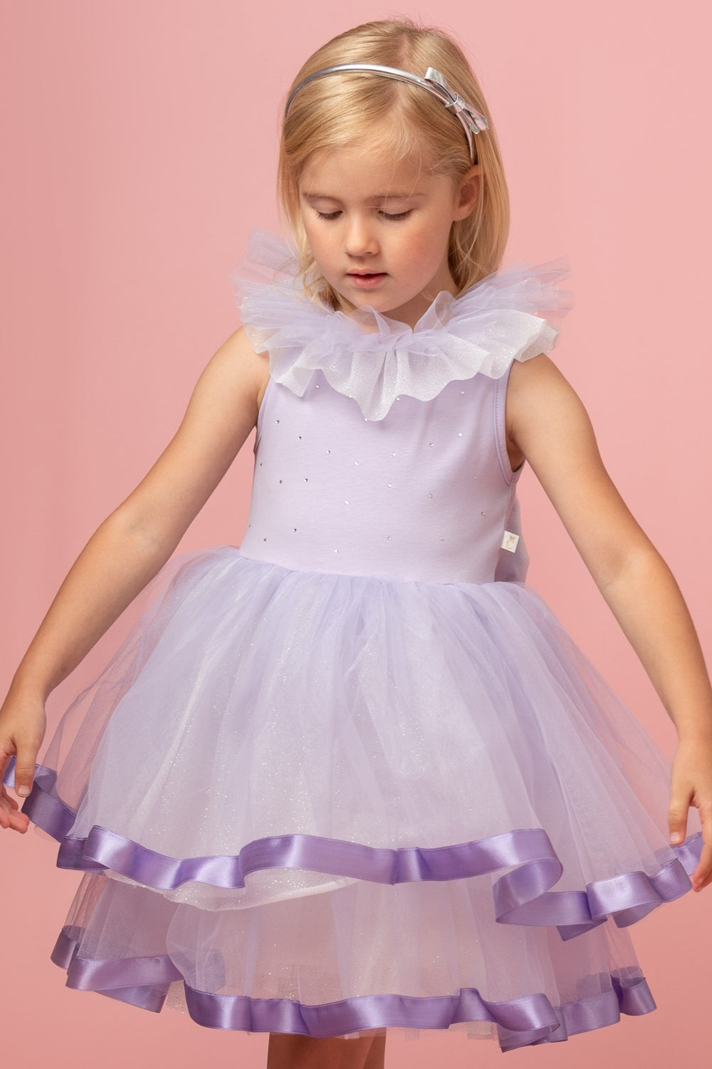 Lilac Tulle Dress with Satin Trim and Diamantes