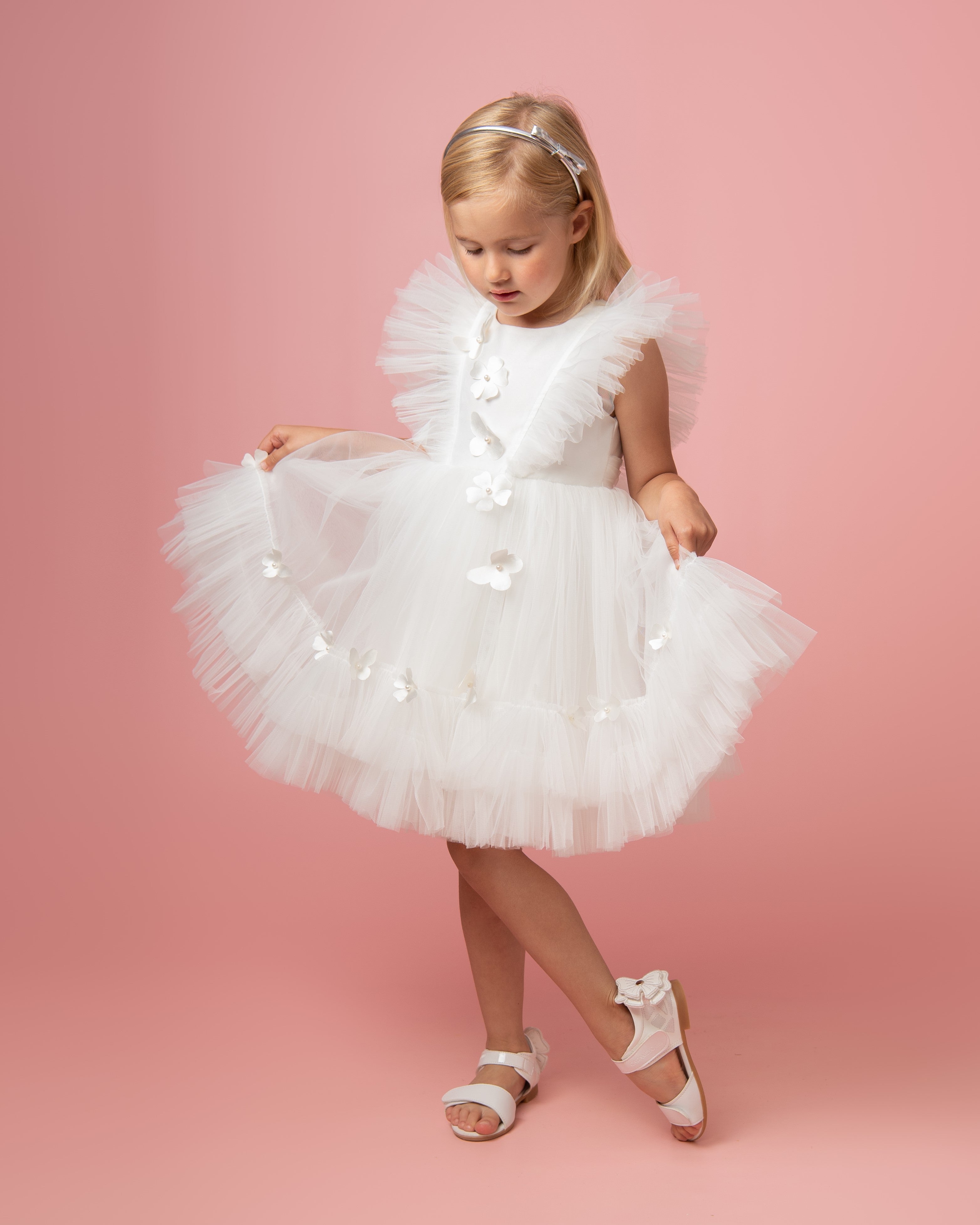 Ivory Pearl Party Dress with Butterflies and Flowers