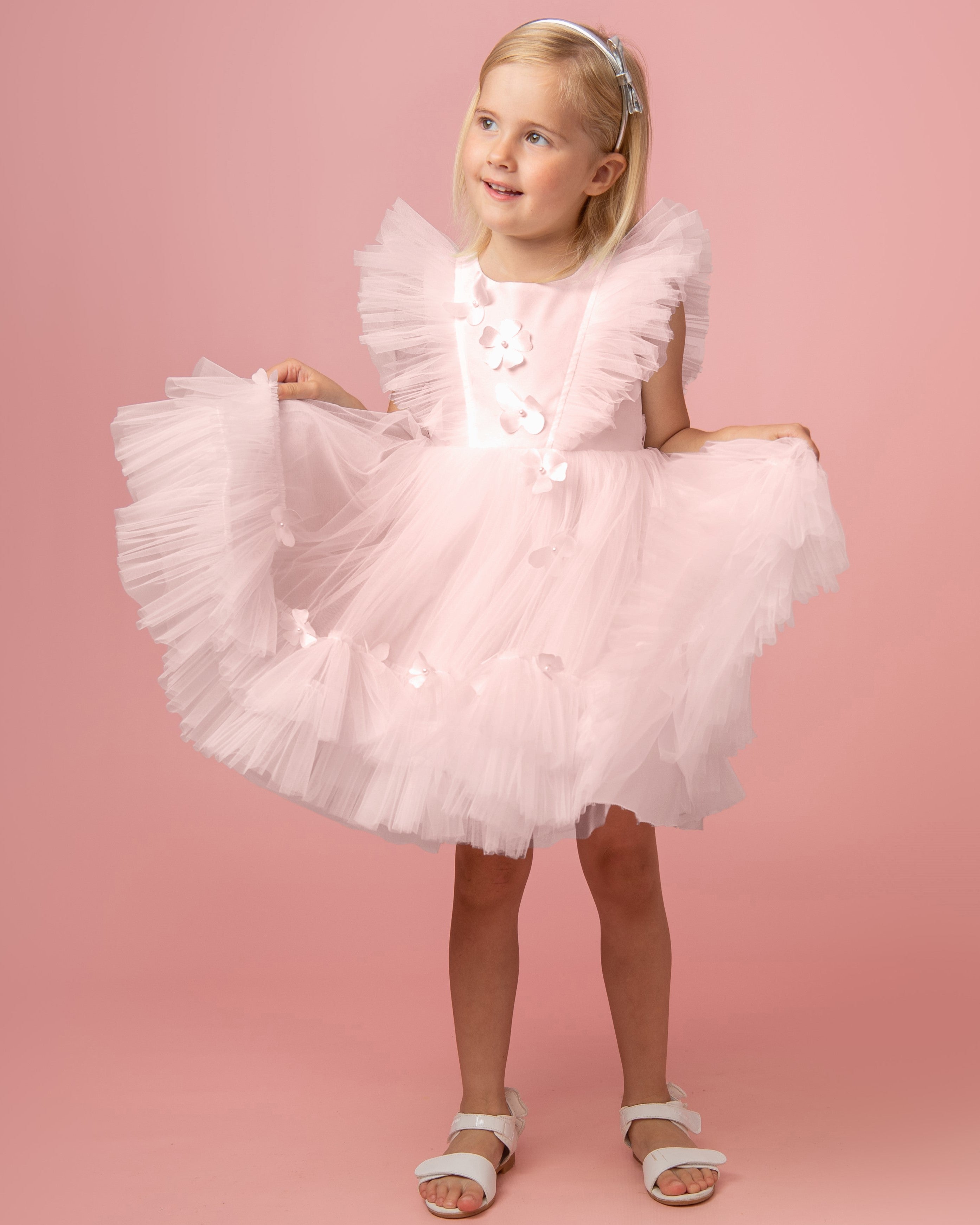 Pink Pearl Party Dress with Butterflies and Flowers