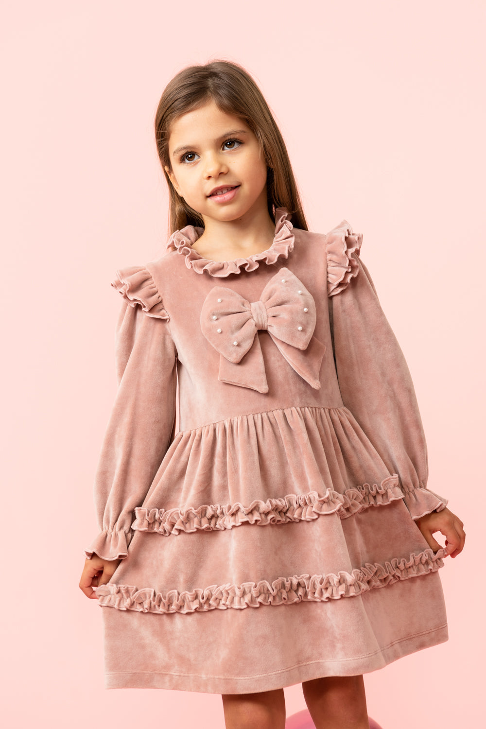 Pink Long-Sleeve Velour Dress with Pearl Bow and Headband