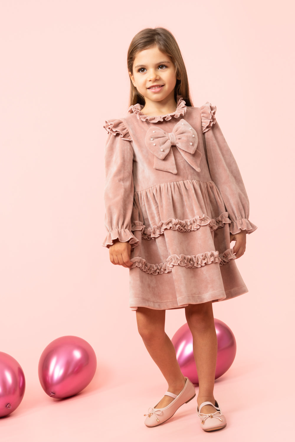 Pink Long-Sleeve Velour Dress with Pearl Bow and Headband