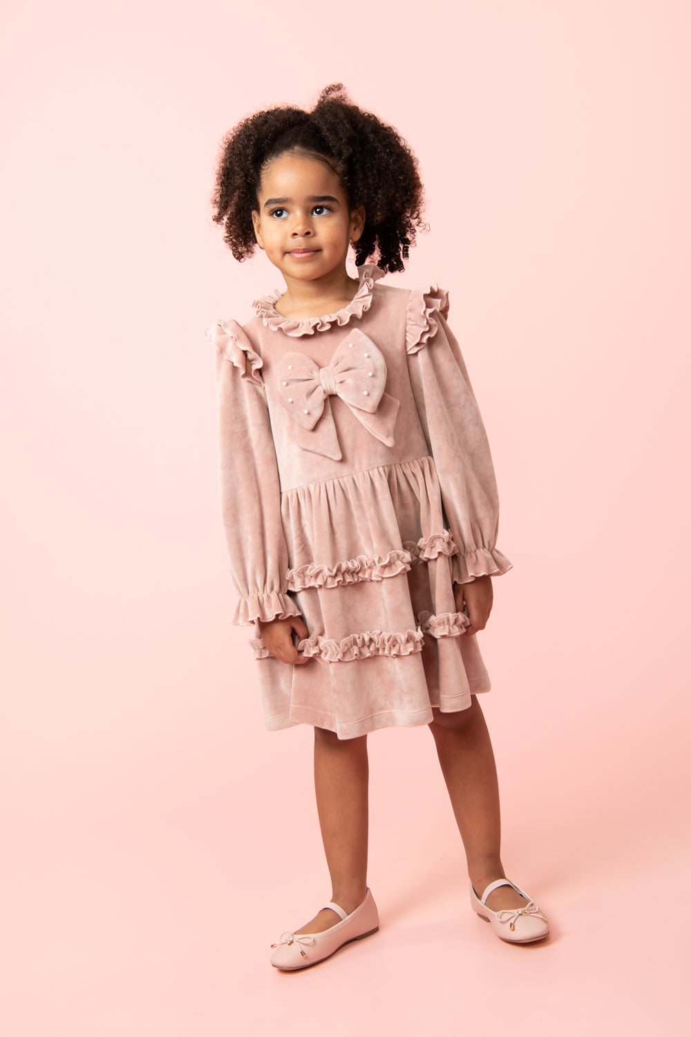 Pink Long-Sleeve Velour Dress with Pearl Bow and Headband