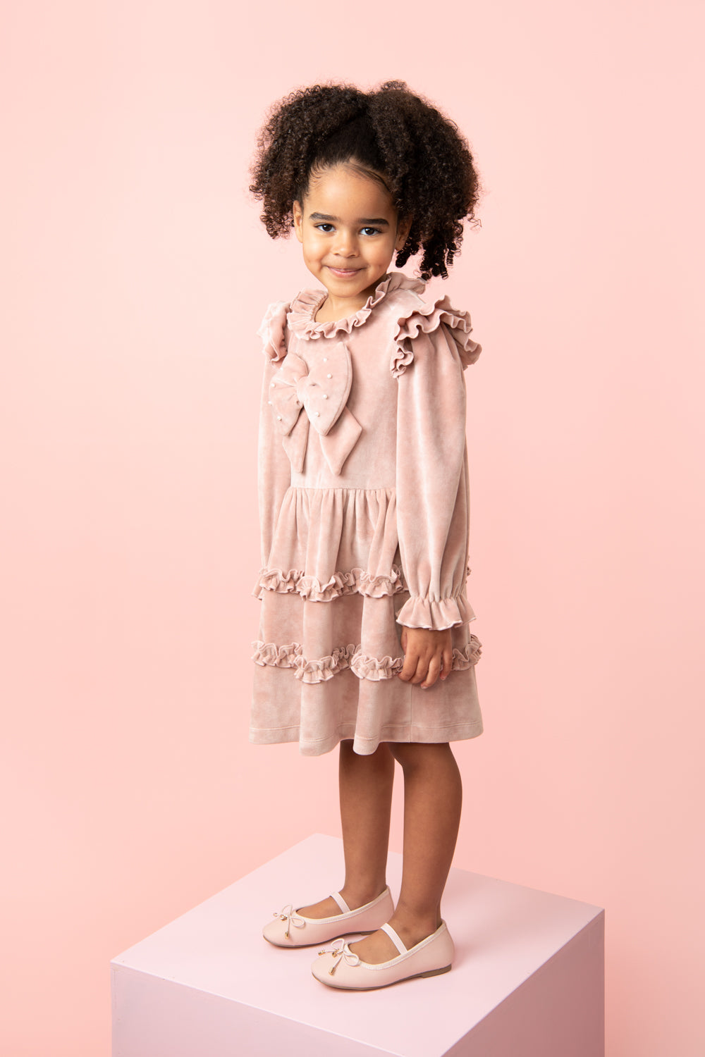 Pink Long-Sleeve Velour Dress with Pearl Bow and Headband