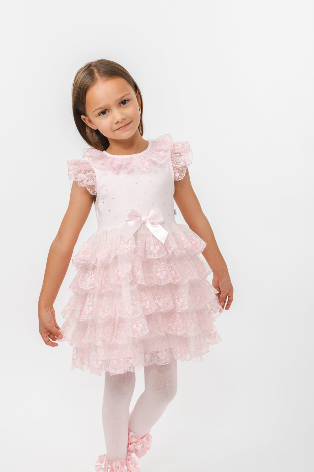 Pink Baby Lace Dress with Satin Bow and Headband