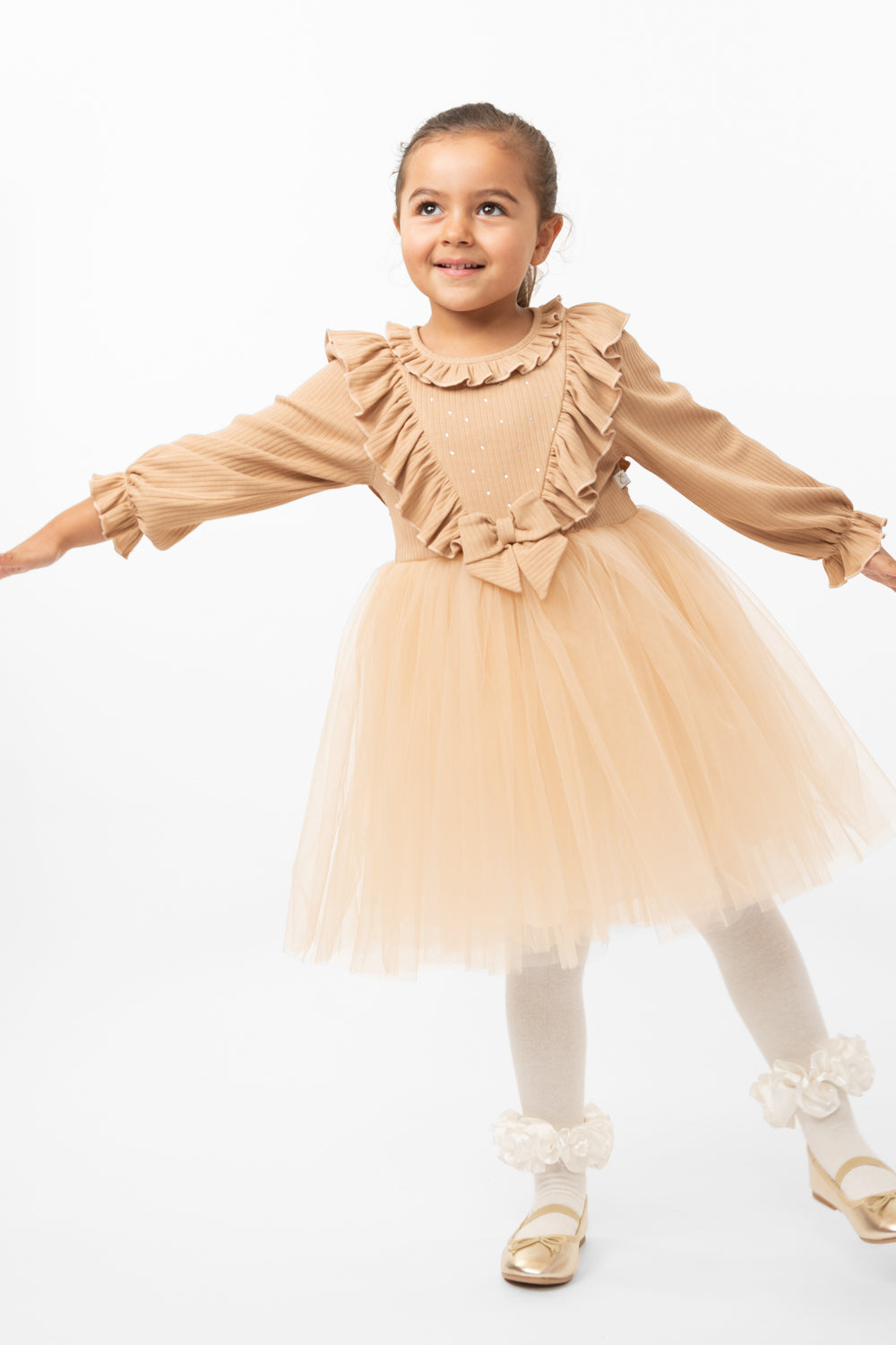 Mink Long-Sleeve Dress with Ruffled Collar and Tulle Skirt