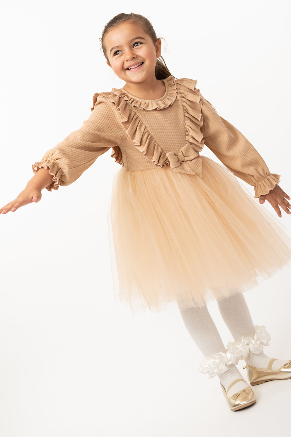 Mink Long-Sleeve Dress with Ruffled Collar and Tulle Skirt