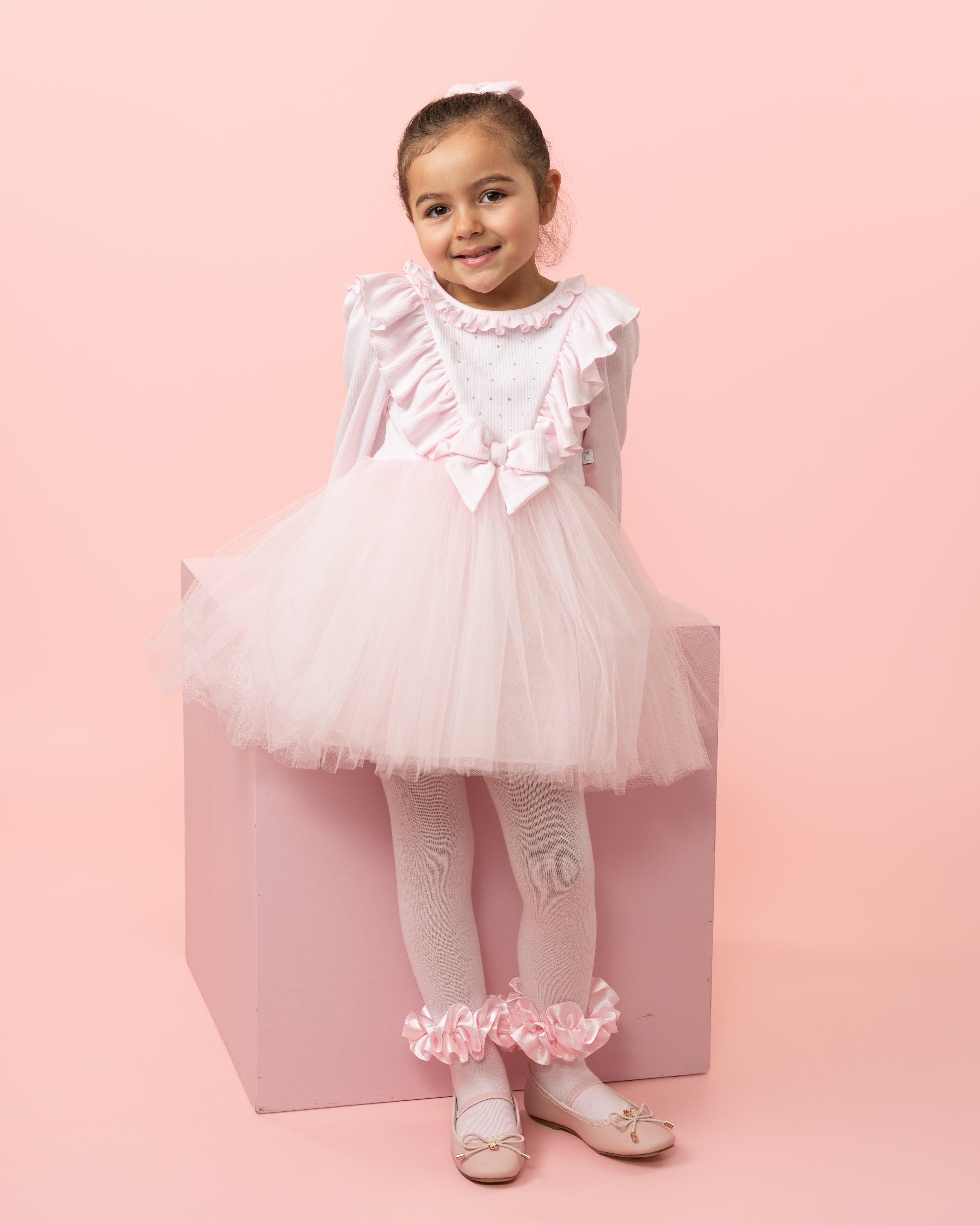 Pink Tulle Dress with Ruffle Details and Bow Headband