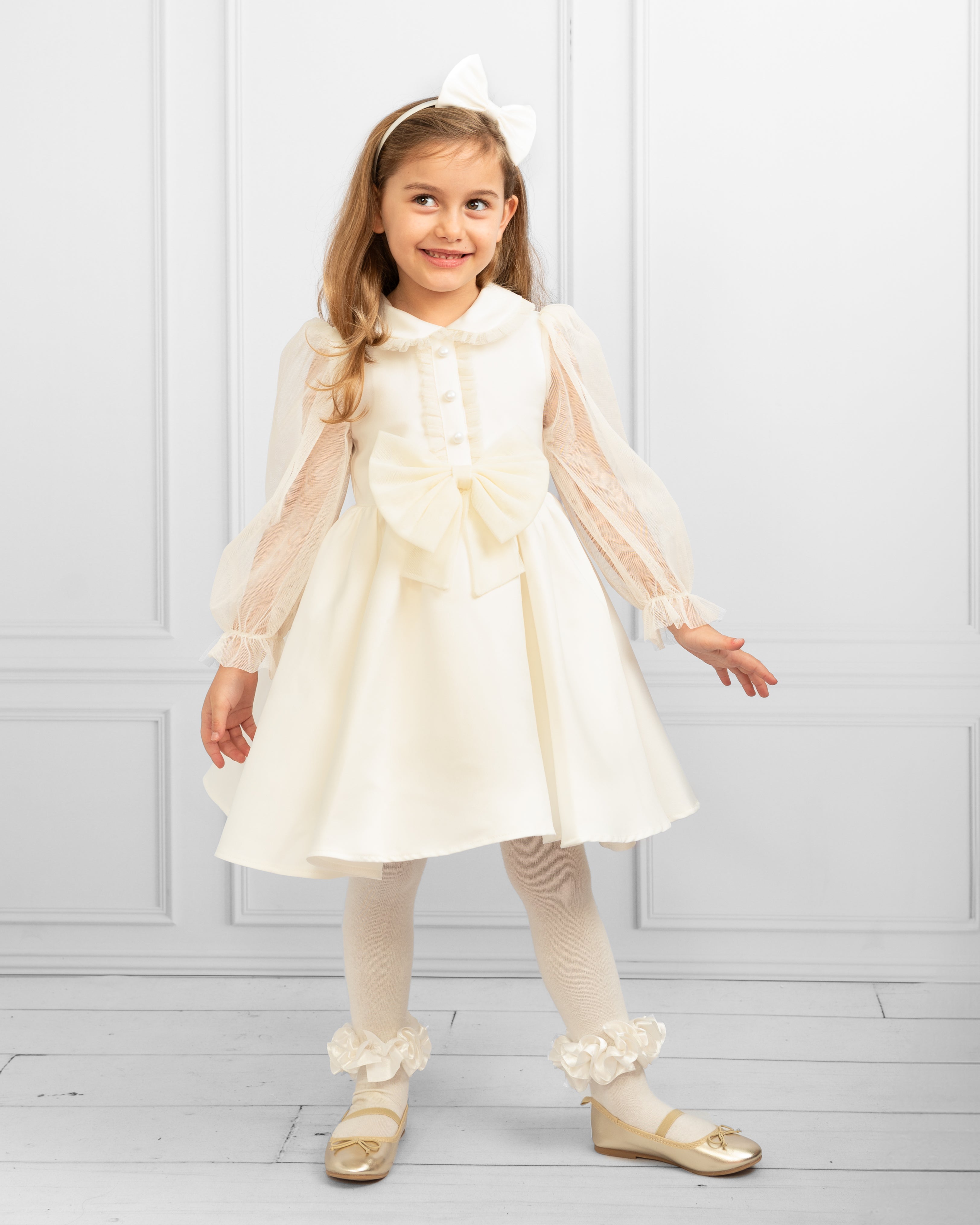 Ivory Long-Sleeve Dress with Sheer Sleeves and Bow Headband