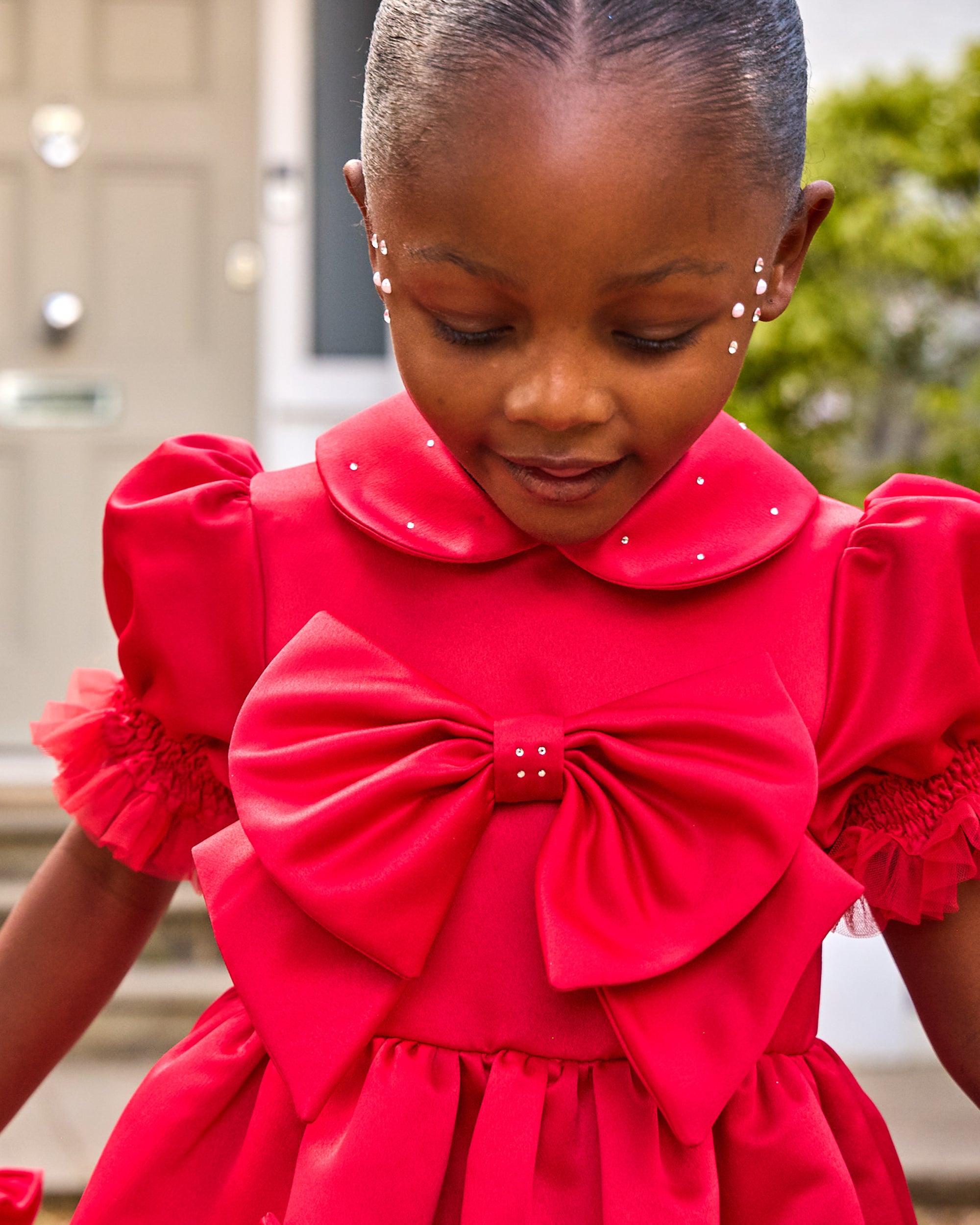Red Puff Sleeve Bow Party Dress