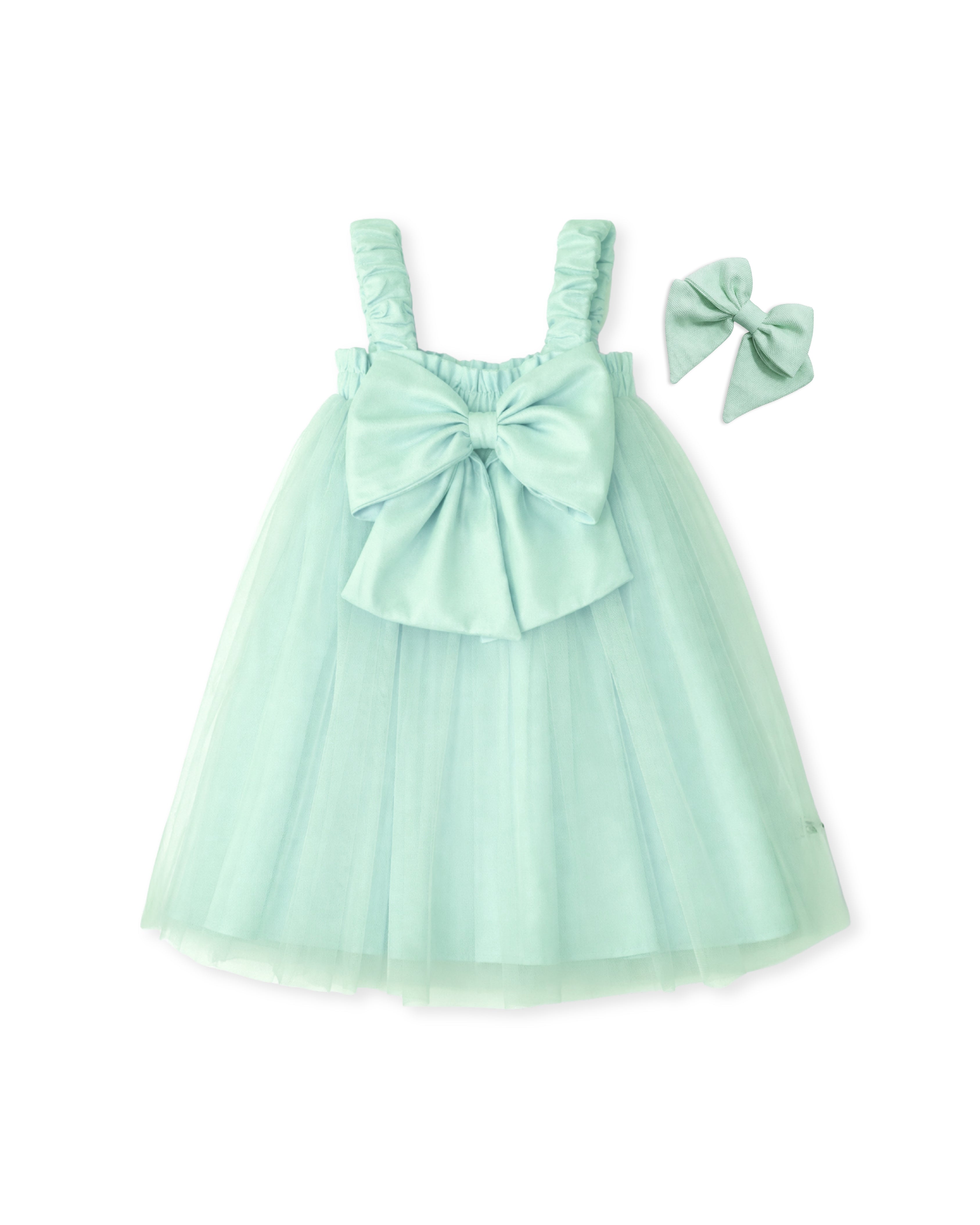 Mint Oversized Bow Tulle Party Dress with Bow Hairpiece