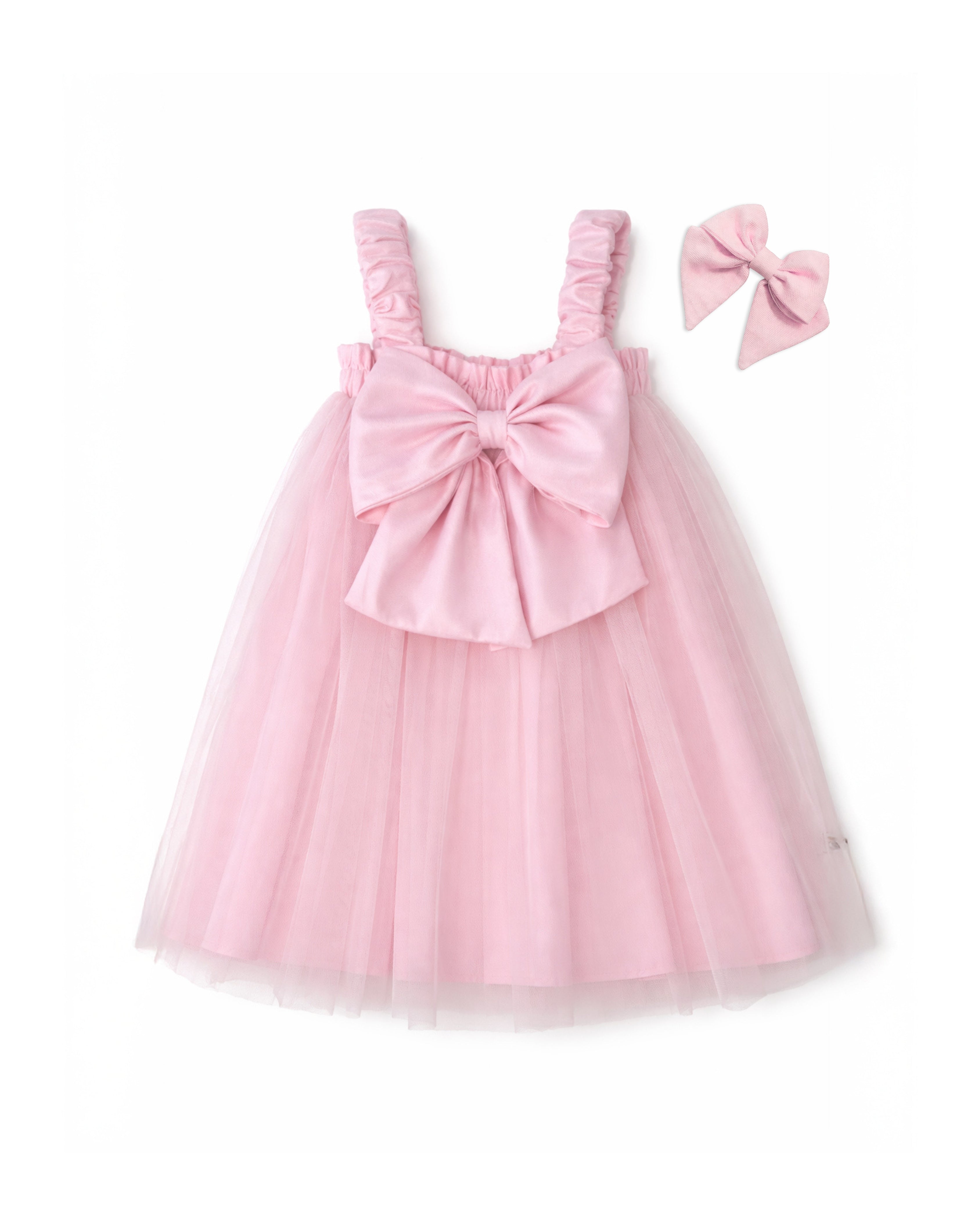 Pink Oversized Bow Tulle Party Dress with Bow Hairpiece