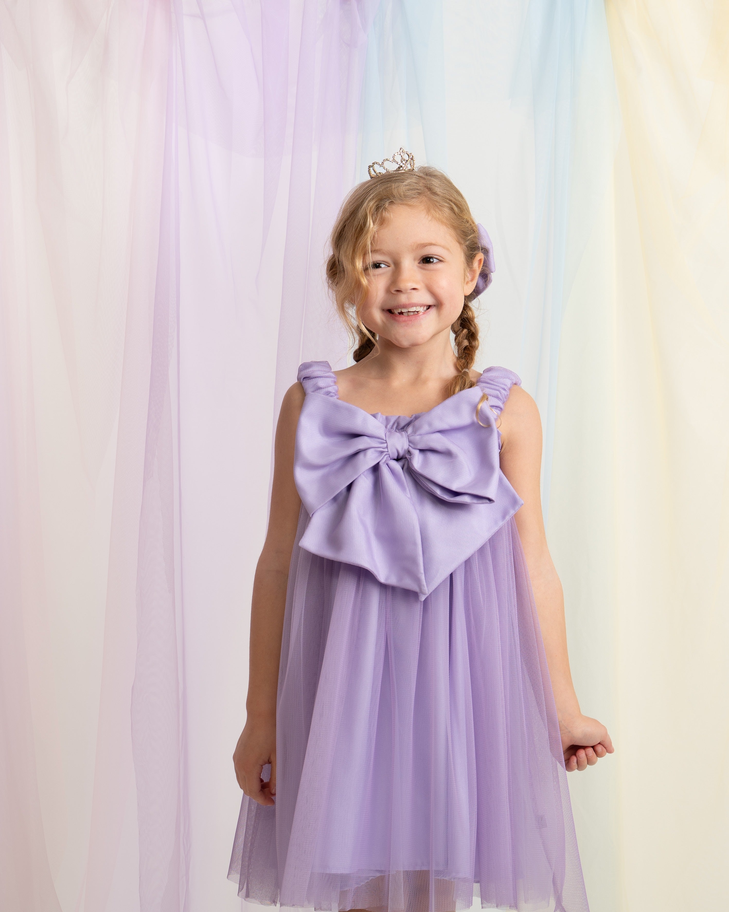 Lilac Oversized Bow Tulle Party Dress with Bow Hairpiece