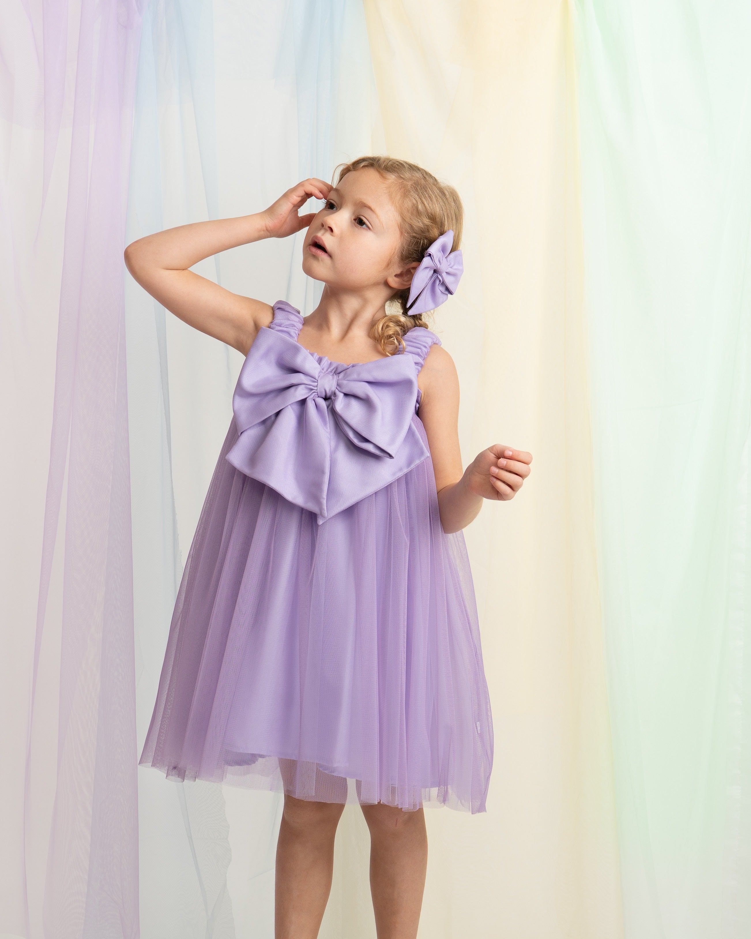 Lilac Oversized Bow Tulle Party Dress with Bow Hairpiece