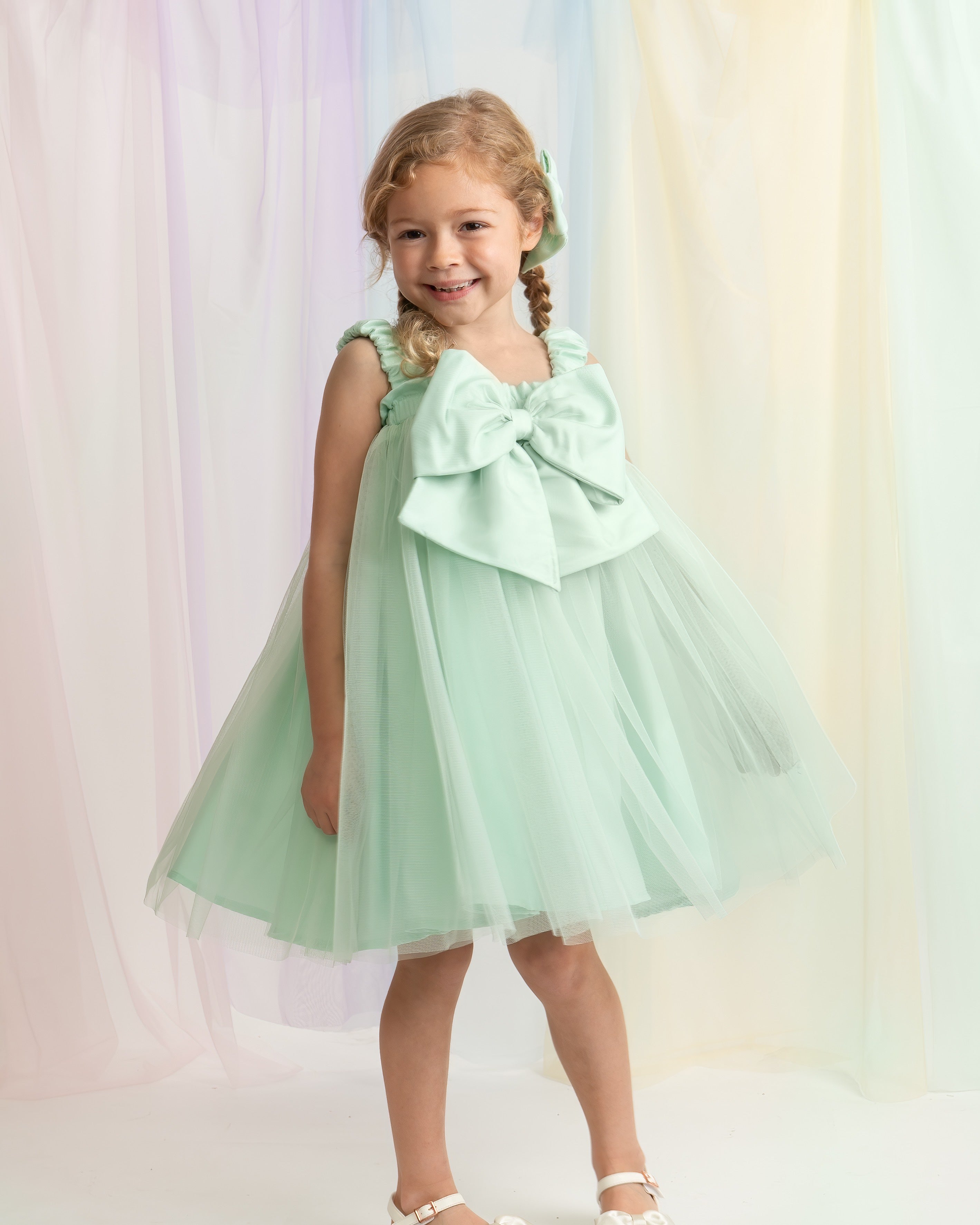 Mint Oversized Bow Tulle Party Dress with Bow Hairpiece