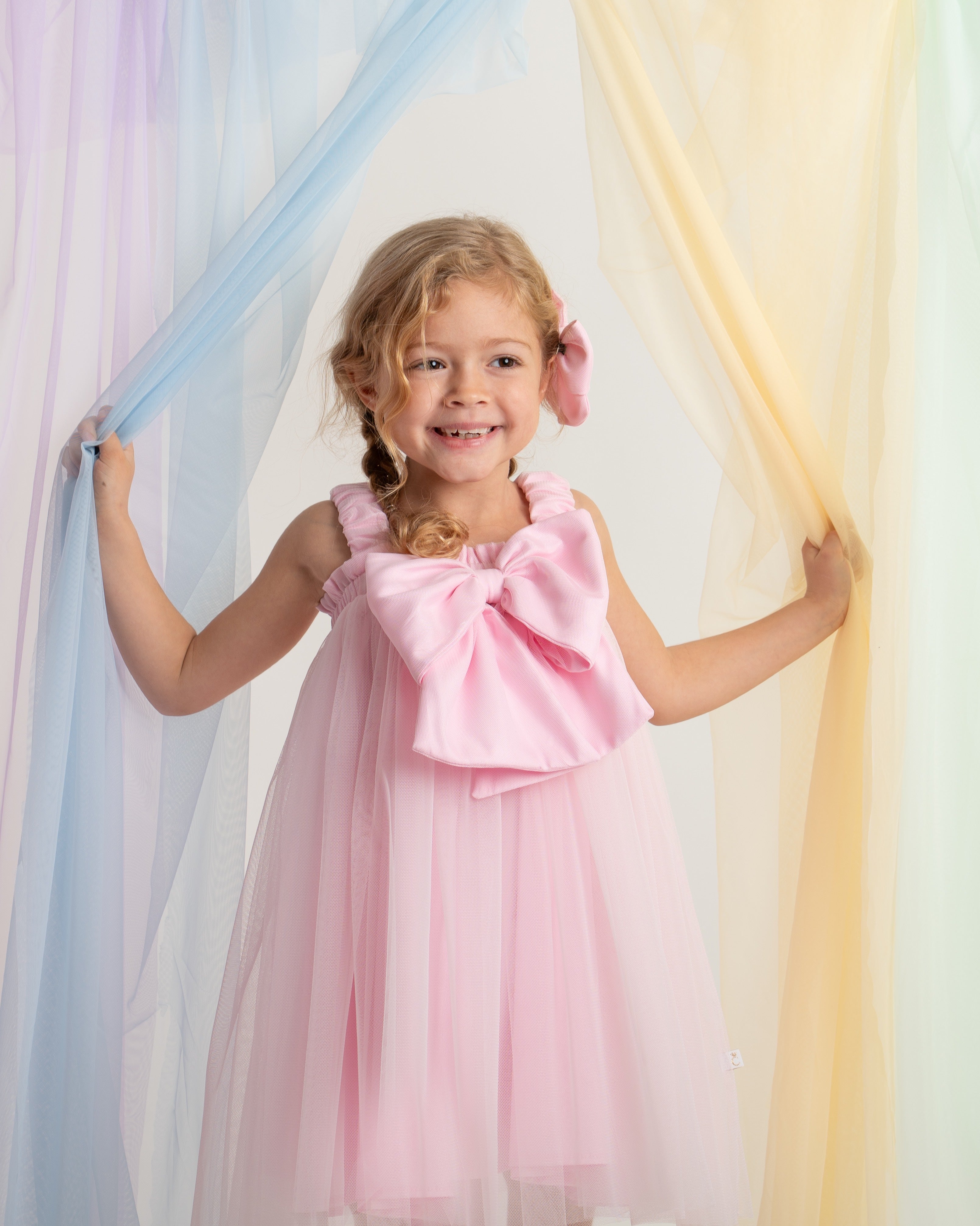 Pink Oversized Bow Tulle Party Dress with Bow Hairpiece