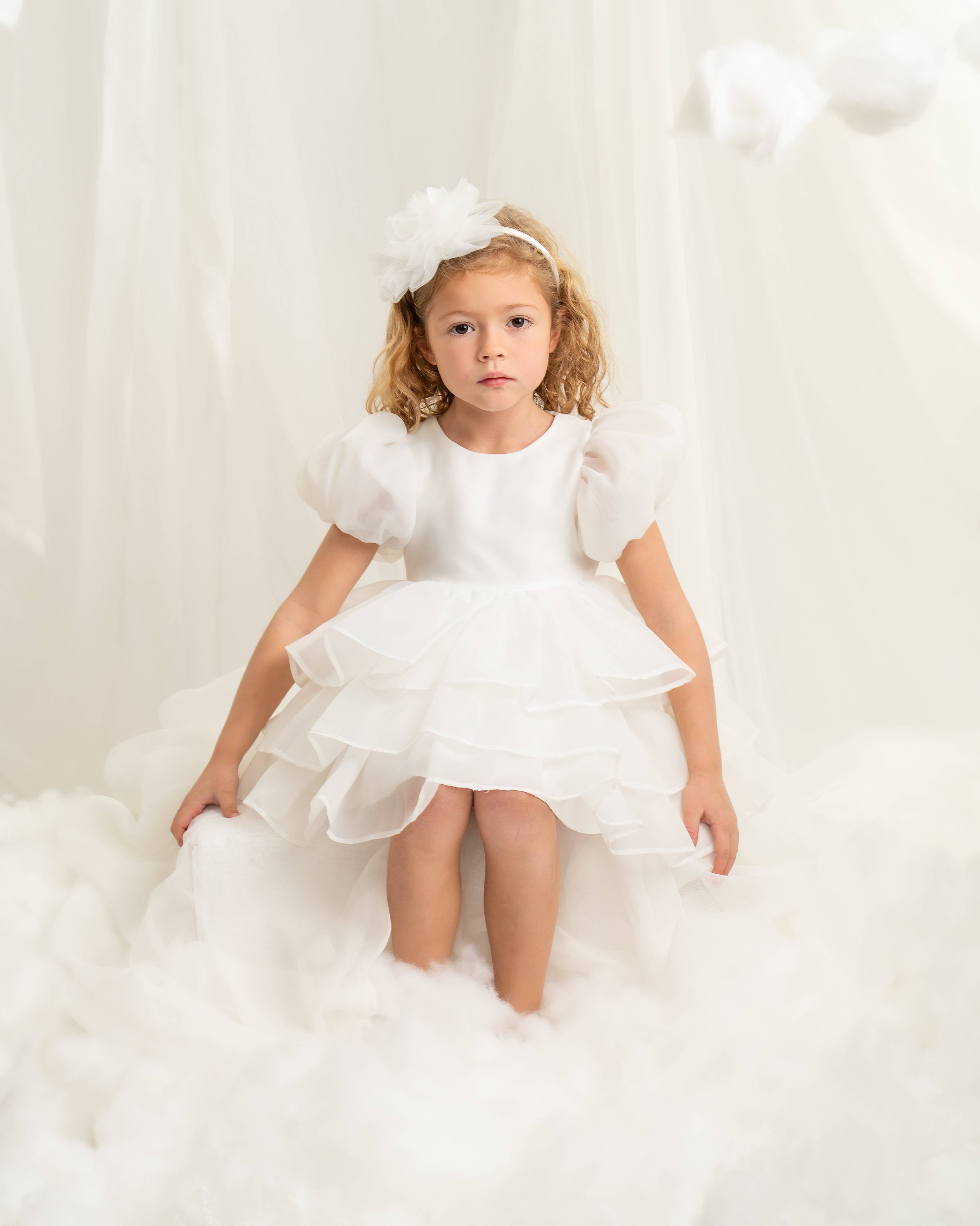 Ivory Puff Sleeve Layered Ruffle Party Dress