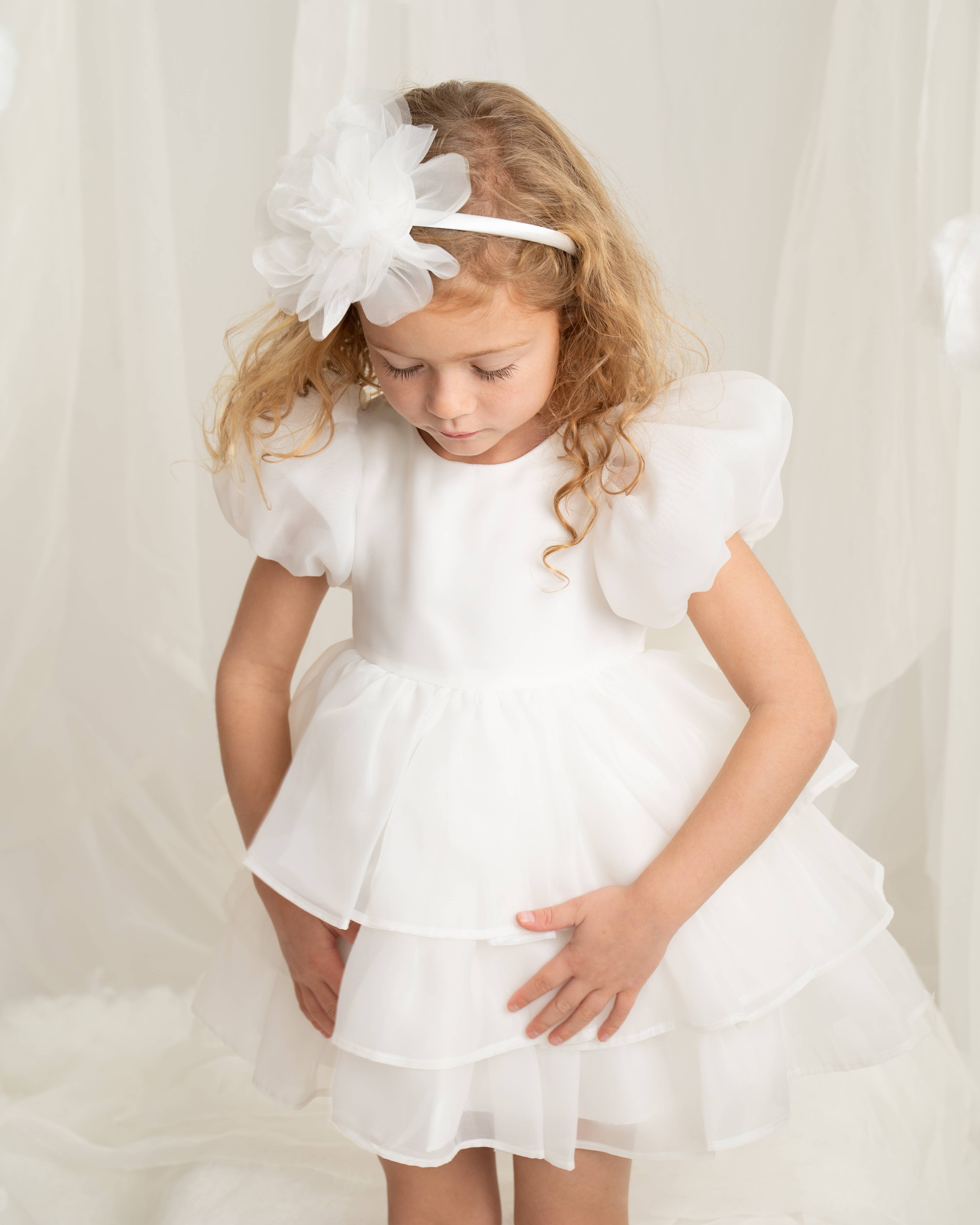 Ivory Puff Sleeve Layered Ruffle Party Dress