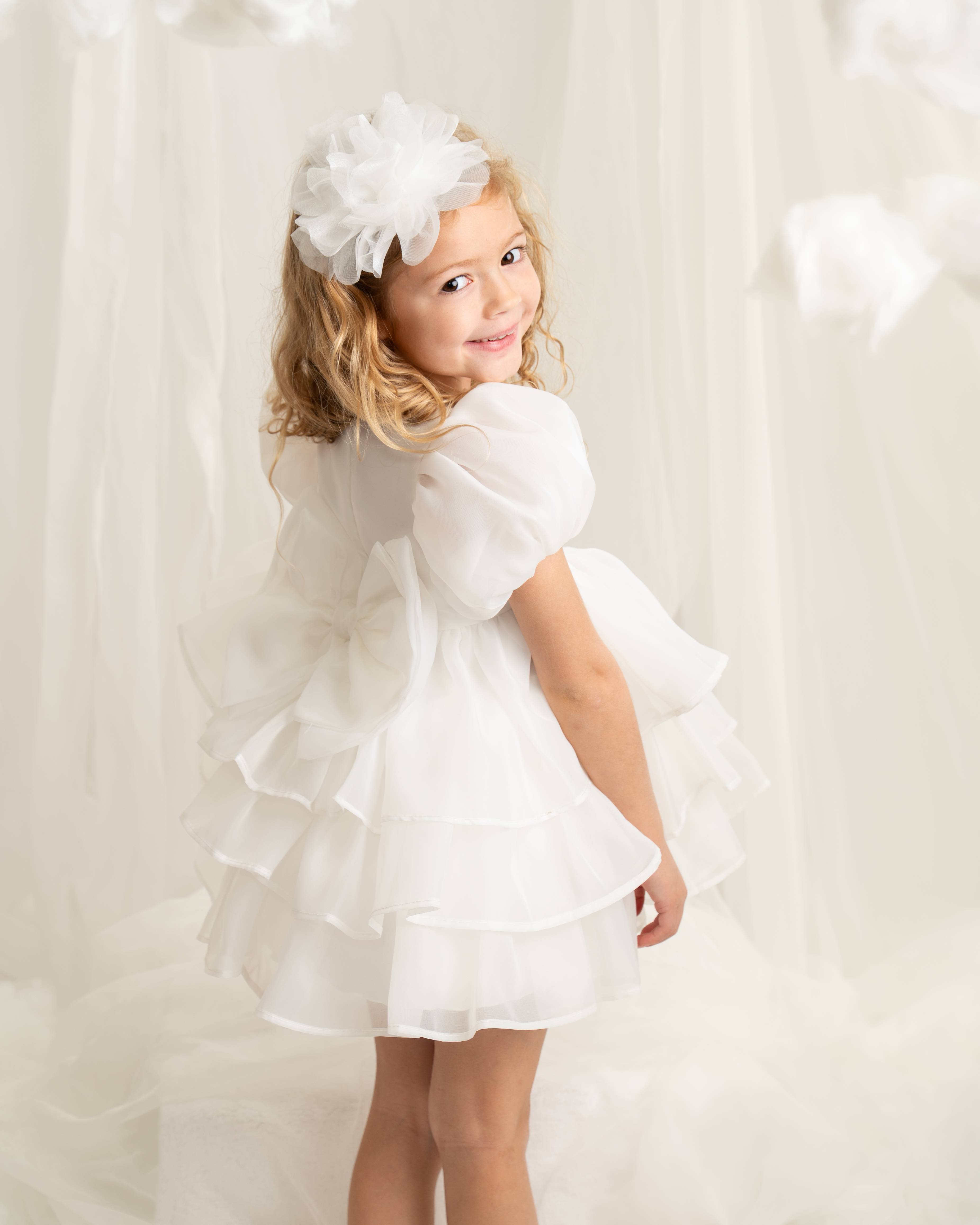 Ivory Puff Sleeve Layered Ruffle Party Dress